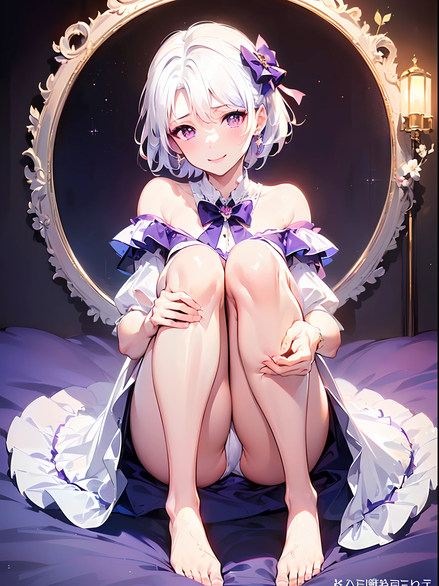 incredibly absurdres,((correct legs)),focus on face,on the bed,((feet up)),((((knees up:1.7))),from above,on back,(see through),(Dynamic Composition: 0.3), bare feet,Rich in Detail and Color,(Solo: 1.2),(Best quality),(4k), (highly grand details CG painting),(((the Greatest masterpiece,))),(reality:0.4) (ultra detailed),(intricately details),(Natural,cute face),(cinematic lighting),(blooming,synthetic wave),((solo,1 girl,))Long eyelashes,watery eyes,reflected eyes,eyes shadow,light purple eyes,((one purple bow tie)), (white off-the-shoulder shirt: 0.2),beautiful hair,short hair, (white dress), white haired deity,[[delicate fingers and hands:0.55]::0.85],(detail fingers),((elegant and conservative cloth)),seductive smile,(top quality,official art, beautiful and aesthetic:1.2), (radiosity,automatic white balance),blushing,