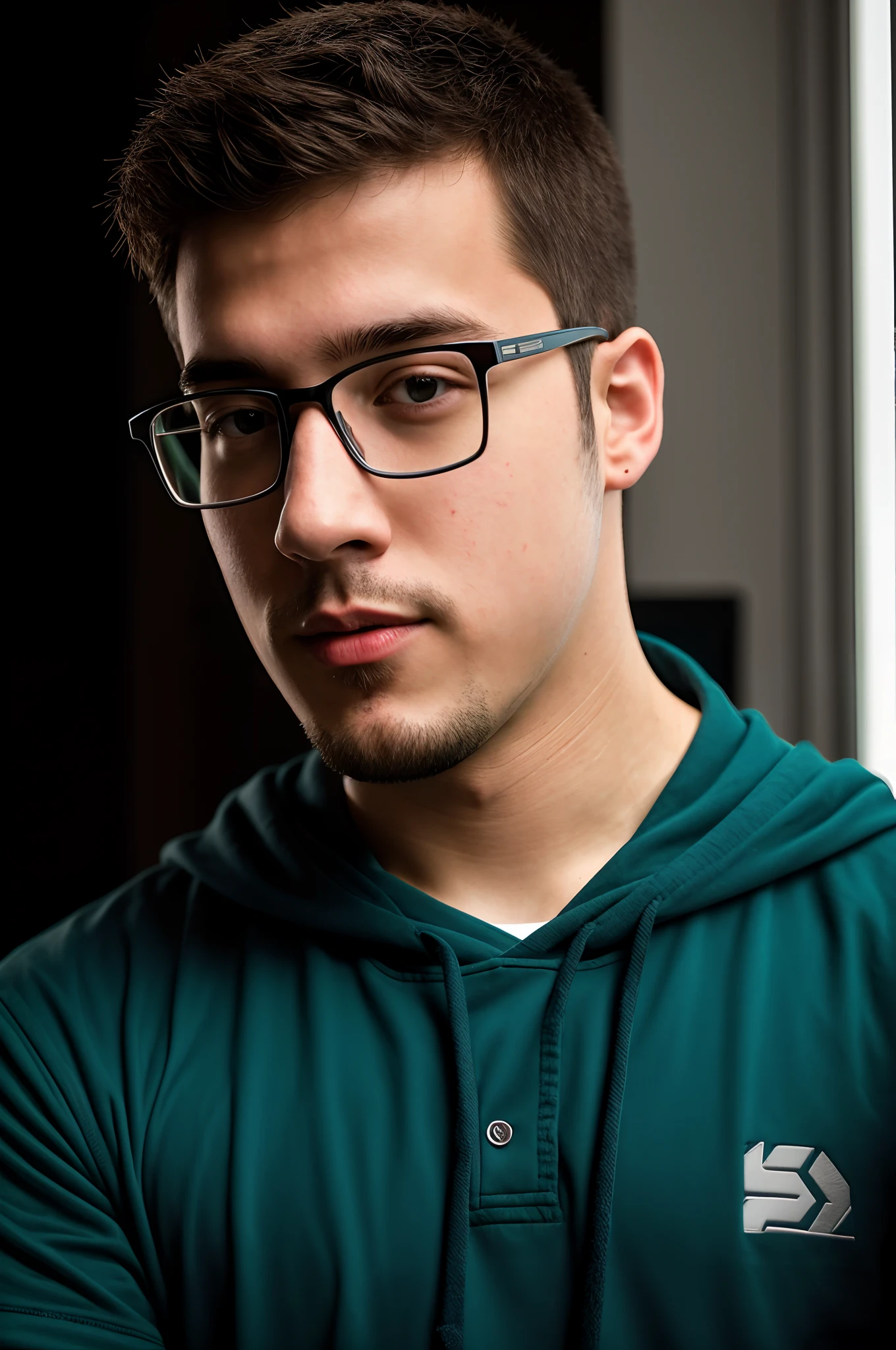photorealistic, best quality, hyper detailed, nerdy guy who loves programming, selfie photo, upper body, nerdy dress style, solo, looking at viewer, skin texture, film grain, close up, ultra high res, best shadow, RAW, instagram LUT