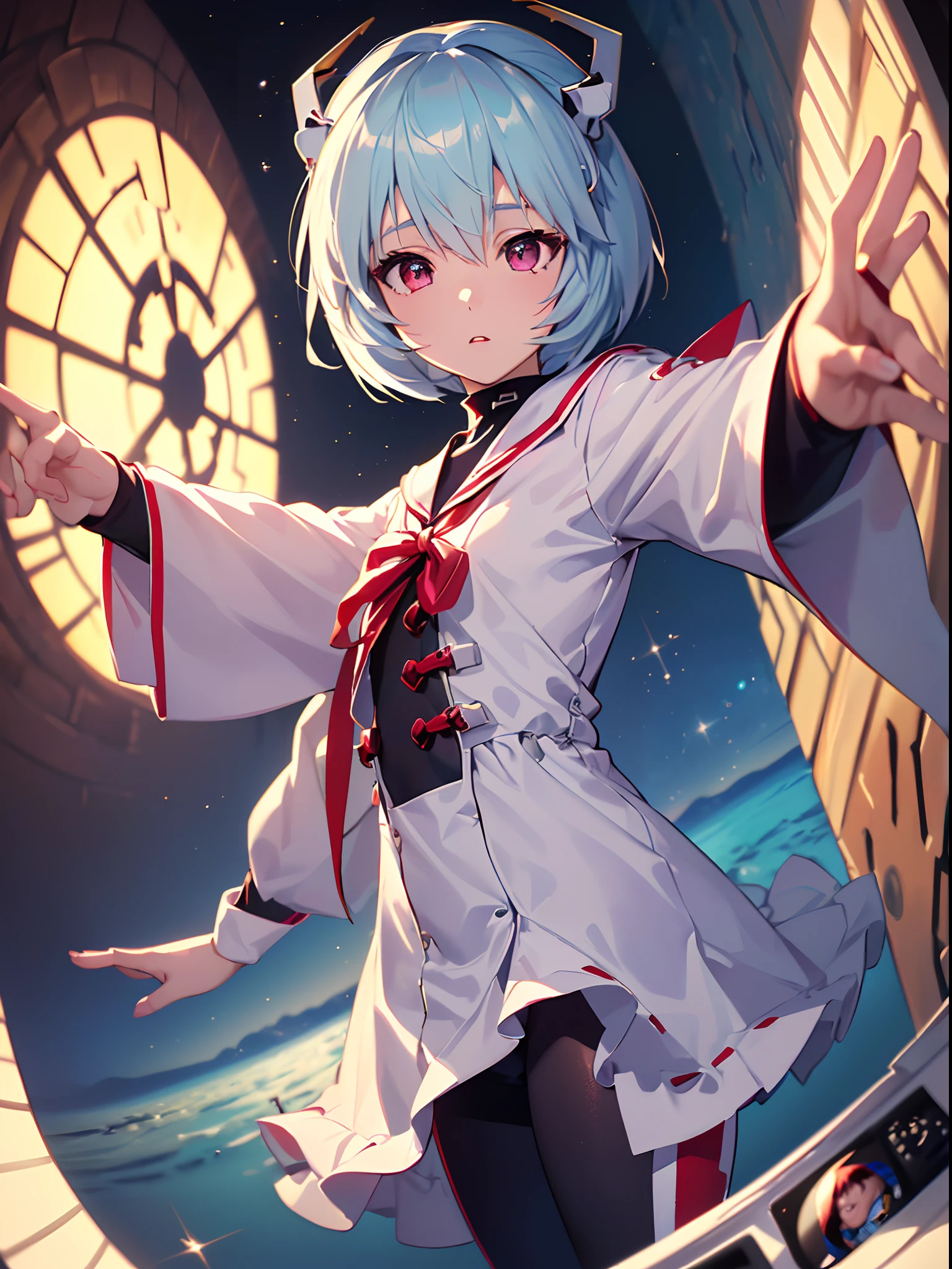 (((ayanami rei))),1girl,solo,(masterpiece,best quality, official art,aim to viewers, beautiful and aesthetic:1.2),(ultra high res,spiral, golden ratio, (4k),stars, seen from above,space,floating,good lighting, (photon mapping, radiosity, physically-based rendering,automatic white balance), technological sense,Amazing,sharp focus,rich background, (((high detailed skin,)))dynamic lighting,intricate detailed outfit,kawaii,glowing eyes,watery eyes,((short hair,))deadpan, skiny,  turtle neck, body suit, mechs,(masterpiece sidelighting),(bishoujo,lustrous),(sky blue hair,pink eyes,）[[delicate fingers and hands:0.55]::0.85],(detail fingers),((((wide-angle lens)))),((((fisheye angle,))))((selfie)),((incredibly absurdres)),micro shot,focus on face,at night,FilmGirl