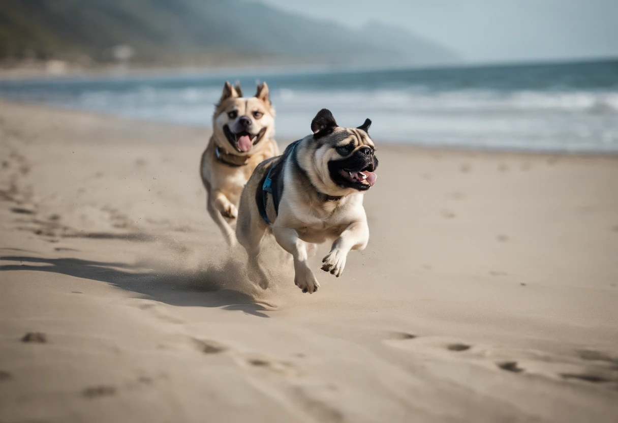 Pug dog and husky dog running by the beach