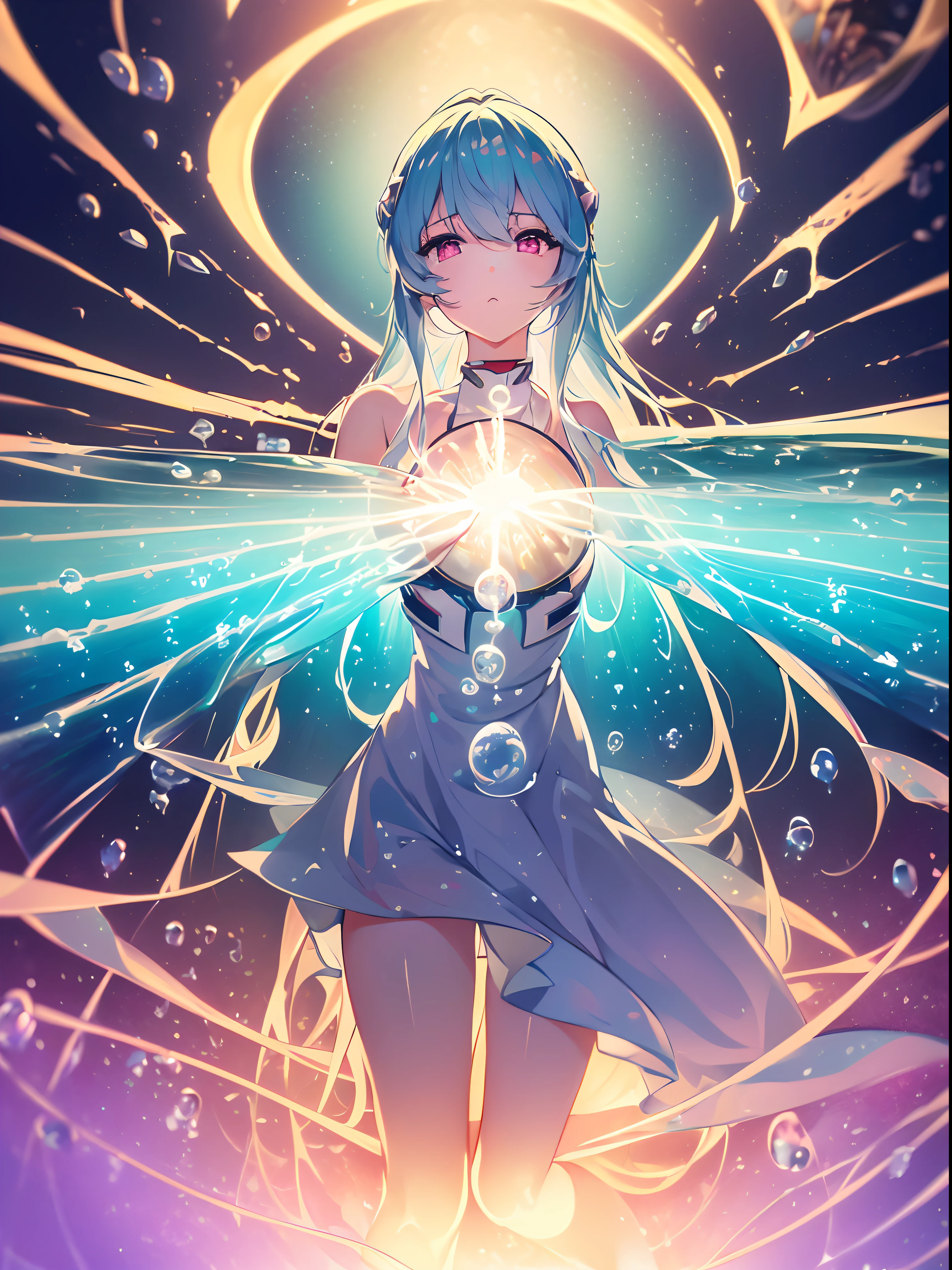 (((ayanami rei))),((((((BREAK,Design an image with a fisheye lens effect, capturing a wide field of view with a distinctive, curved perspective.BREAK,)))))((1girl:1.1,solo,))(masterpiece,best quality, official art,back to viewers, beautiful and aesthetic:1.3),((ultra high res,golden ratio,)) (4k),((from side,dawn,rainbow,raindrops, dreamland,beautiful sky,detailed aurora)),((((spiral bubbles,))))national lighting,good lighting,ray tracing,dynamic lighting, cinematic lighting,((((ice mountain,iceland,))))(fantasy,)((psychedelic)),((dreamy)),((holographic,))radiosity, physically-based rendering,automatic white balance), technological sense,Amazing,sharp focus,detailed background,rich background,astonishing background, (((high detailed skin,)))dynamic lighting,intricate detailed outfit,glowing eyes,watery eyes,((extremely long hair,hair over shoulders)),skiny,slender,smooth beast,smooth legs,sundress,((musical notes,shark fetal)),(masterpiece sidelighting),(bishoujo,lustrous),(sky blue hair,pink eyes,）[[delicate fingers and hands:0.55]::0.85],(detail fingers),(((Ultra Photographic Quality,ultra wide angles)))),((incredibly absurdres,photoreality)),(realilty:0.7),((a girl is chanting,put hands together,))((Wariza:0.8,full body shot,))Golden rings,((extremely_detailed_eyes_and_face)),(disheveled hair),FilmGirl,(dynamic configuration: 0.9),Brilliant,drifting Nebula,ethereal, glossy ,striking contrast,high saturation