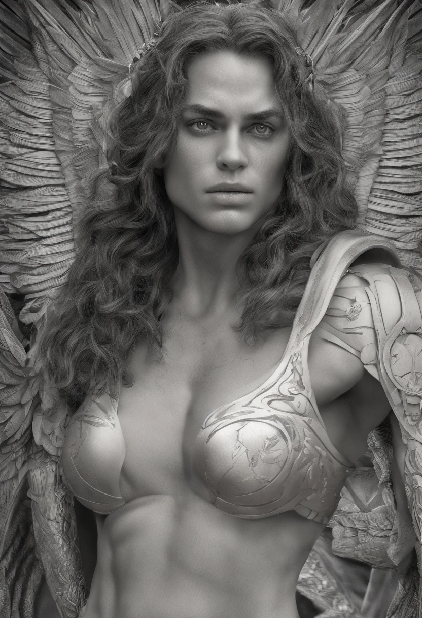 Um anjo pelado,seminu, Shining in the sky,seu rosto parece com o Henry cavill. His body is muscular and pectoral defined. tanquinho. virilha. Cochas, cabelos contra o vento. Asas enormes indo e vindo. Mostrando gloria e resplendor.