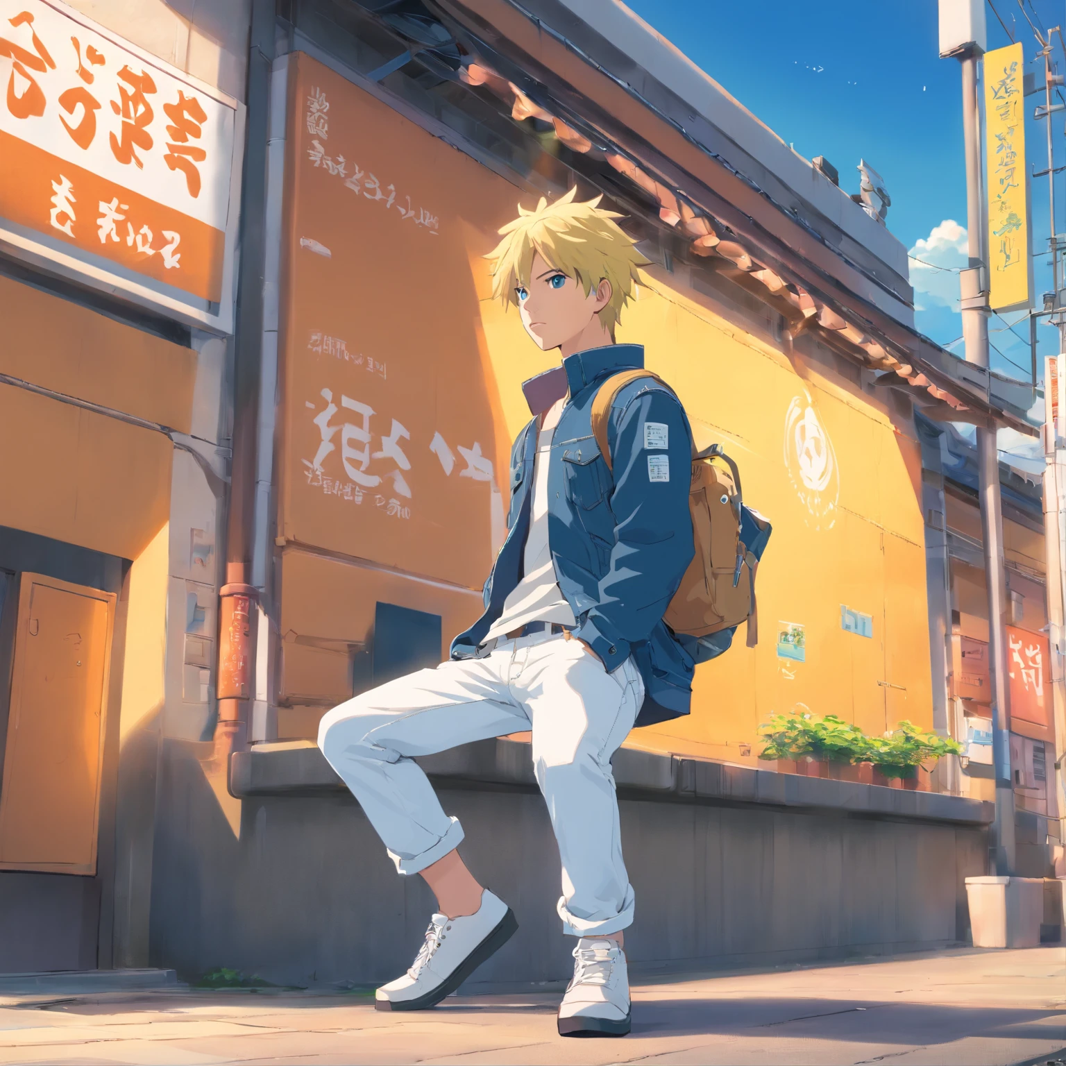 Alafed male model in white jeans and denim jacket leaning against wall, Uzumaki Naruto, korean muscle boy 2 1 years old, model with attractive body, male model,, inspired by Joong Keun Lee, Hyuntae, inspired by jeonseok lee, sun-hyuk kim, with abs,blue eyes, short yellow hair,cool boy