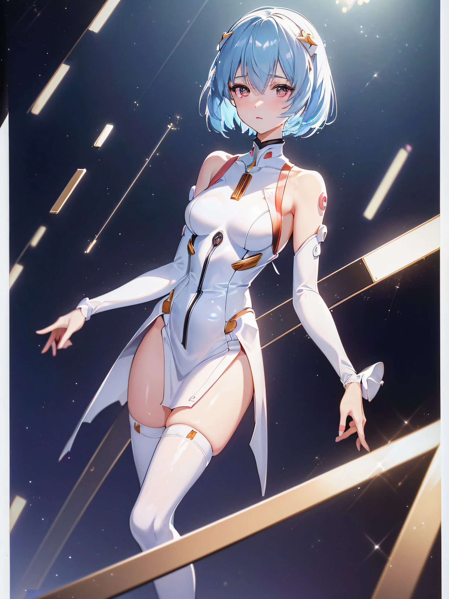 (((ayanami rei))),1girl,solo,(masterpiece,best quality, official art,aim to viewers, beautiful and aesthetic:1.2),(ultra high res,spiral, golden ratio, (4k),stars, seen from above,space,floating,good lighting, (photon mapping, radiosity, physically-based rendering,automatic white balance), technological sense,Amazing,sharp focus,rich background, (((high detailed skin,)))dynamic lighting,intricate detailed outfit,kawaii,glowing eyes,watery eyes,((short hair,))deadpan, skiny,  turtle neck, body suit, mechs,(masterpiece sidelighting),(bishoujo,lustrous),(sky blue hair,pink eyes,）[[delicate fingers and hands:0.55]::0.85],(detail fingers),((((SLR camera lens reflected in the eyes,)))),((incredibly absurdres)),micro shot,focus on face,at night,FilmGirl