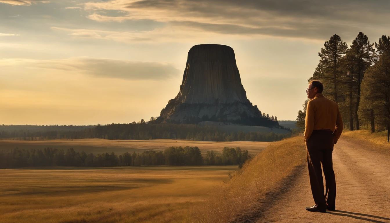 Tall and thin but bespectacled man one standing in the sun、Devil's Tower