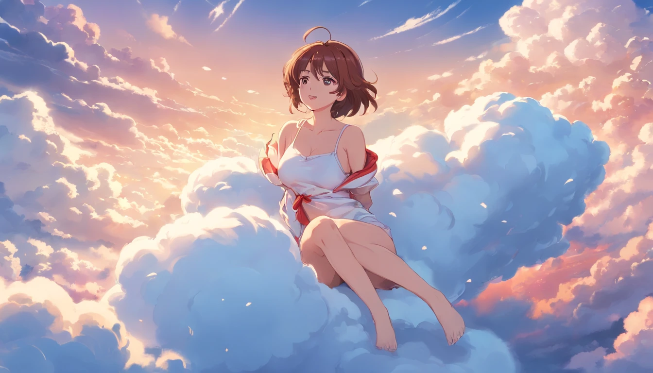 comic strip, mesmerising mature woman lying on beautiful fluffy clouds in the sky, tall woman, (adult woman:1.4), (mature face:1.4), red lipstick, make-up, huge breasts, On thick clouds such as marshmallows, adult pajamas, Detail enhancement, 8K, super-fine, concept-art, number art