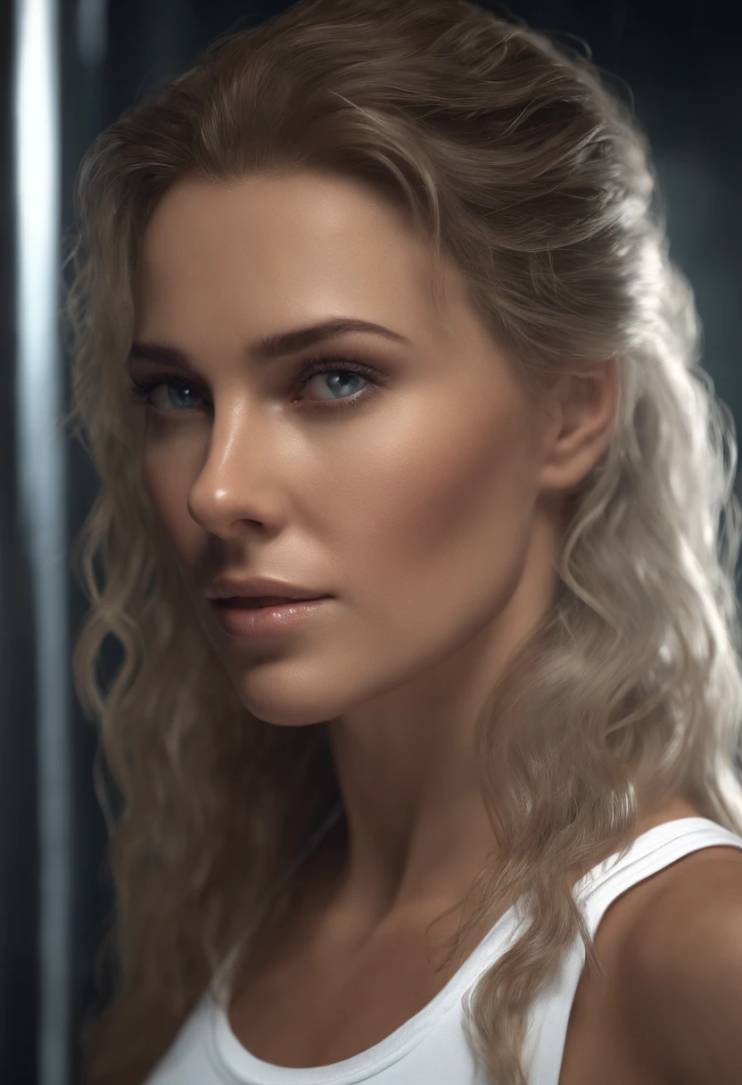Jenny King(Jenny King)Wear white-soaked sportswear, Wet white shirt, Realistic, 4K realistic, Soft lighting, Detailed, Full HD realistic
