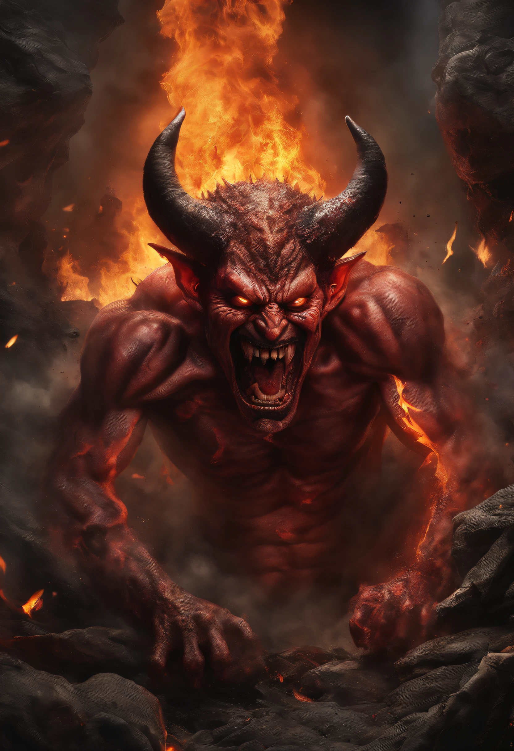 create an inper-realistic image of the devil in the middle of hell, his mouth open spewing lava on fire, his eyes and ears throwing flames;