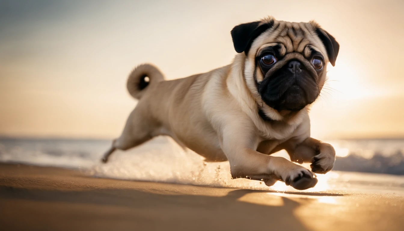 Pug dog running on the seaside