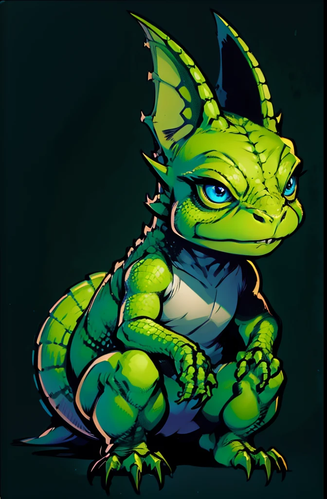 ***ung lizard, chibi, anthropomorphic, green scale, big blue eyes, simple dark background