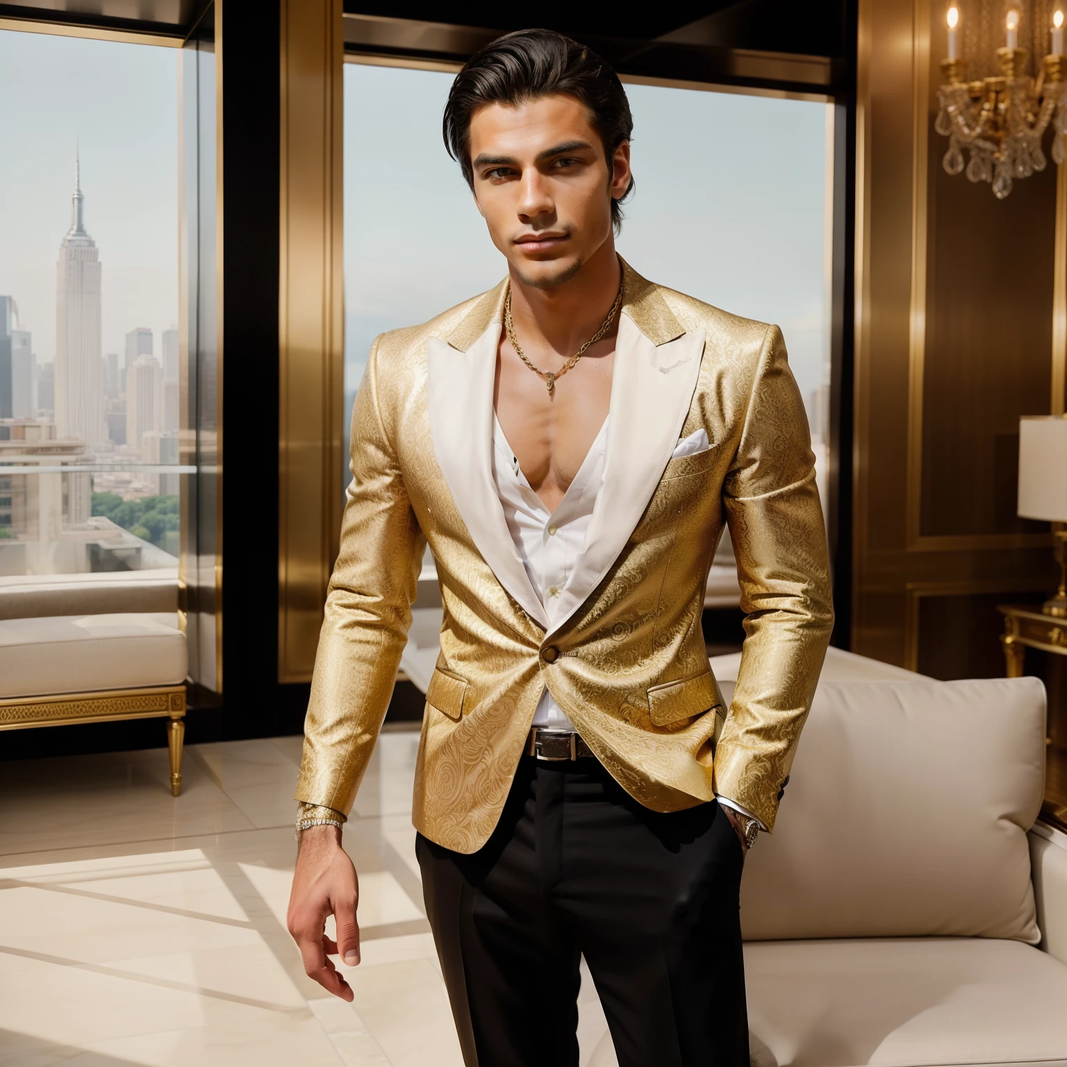 Create a visually captivating image of a wealthy and young man. This character should exude an air of affluence and sophistication. He should be dressed impeccably in stylish, modern attire that reflects his wealth and taste. Emphasize his confident and charismatic demeanor, portraying him as someone who is accustomed to a life of luxury and privilege. The image should capture his opulent lifestyle and youthful energy, while also showcasing attention to detail and high-quality artistry.