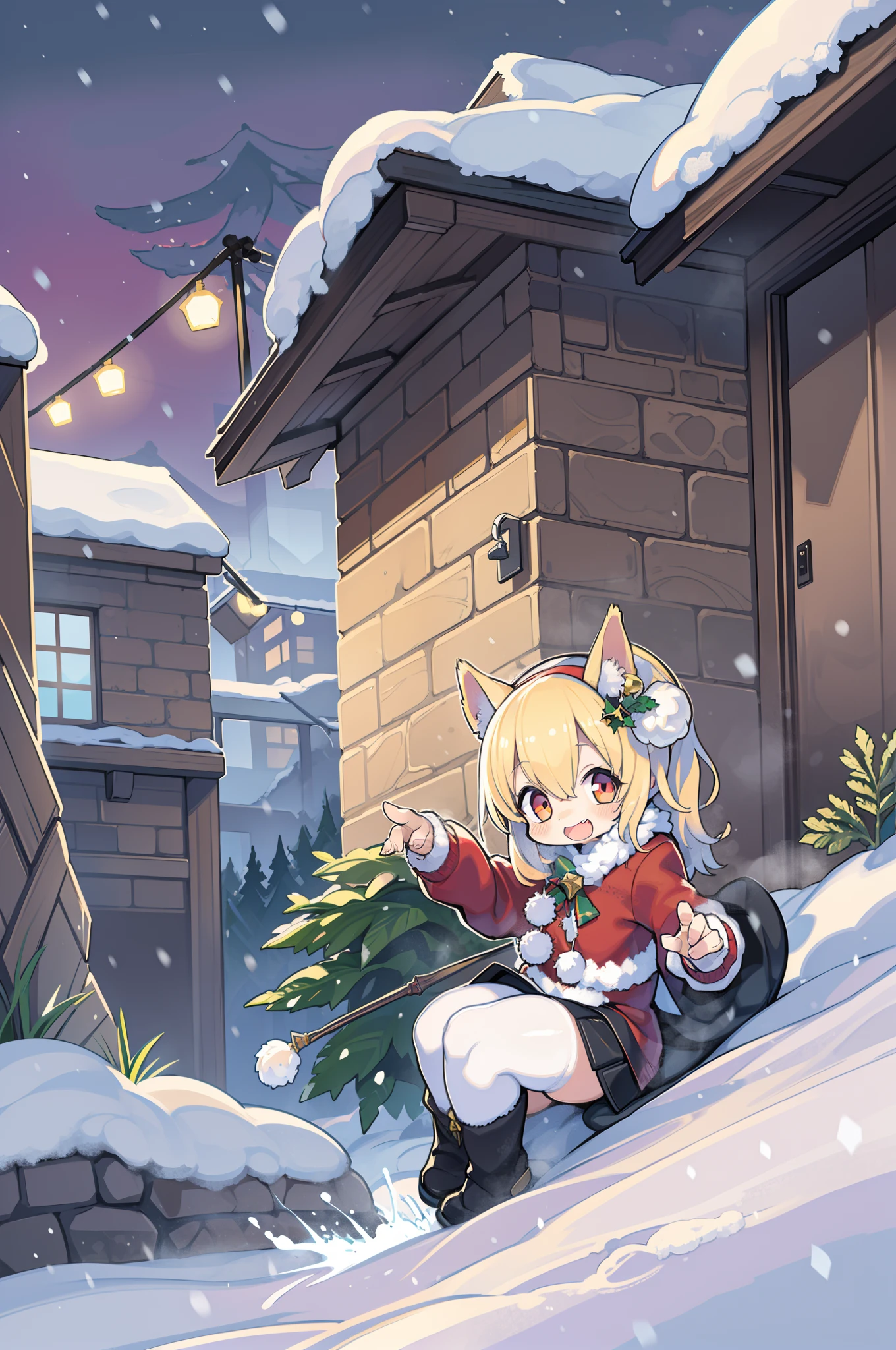 Charming Christmas 12 year old winter, girl with,Cartoon style, 2D, planar vector, Colorful splashes, Vector art, Fantasy Art,Digital Painting, white bg, 8K、Looks fun、In heavy snow