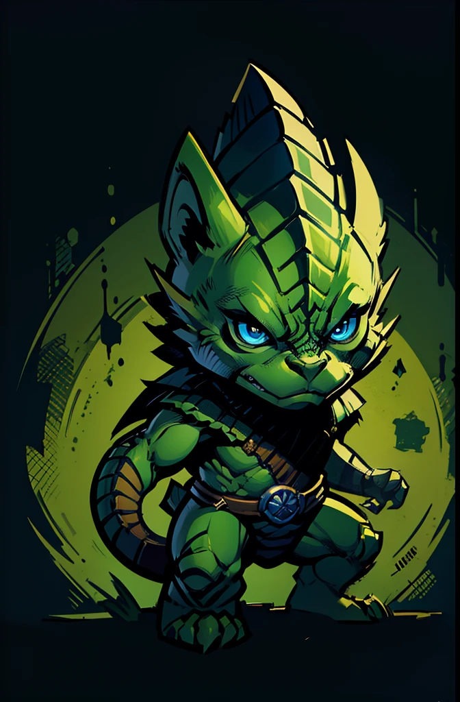 1young reptile,warrior, chibi, anthropomorphic, green scale, big blue eyes, simple dark background
