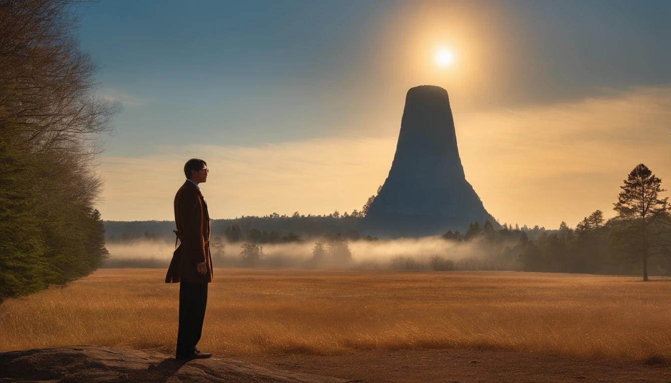 Tall and thin but bespectacled man standing in the sun、Devil's Tower、Pickup Toratsu