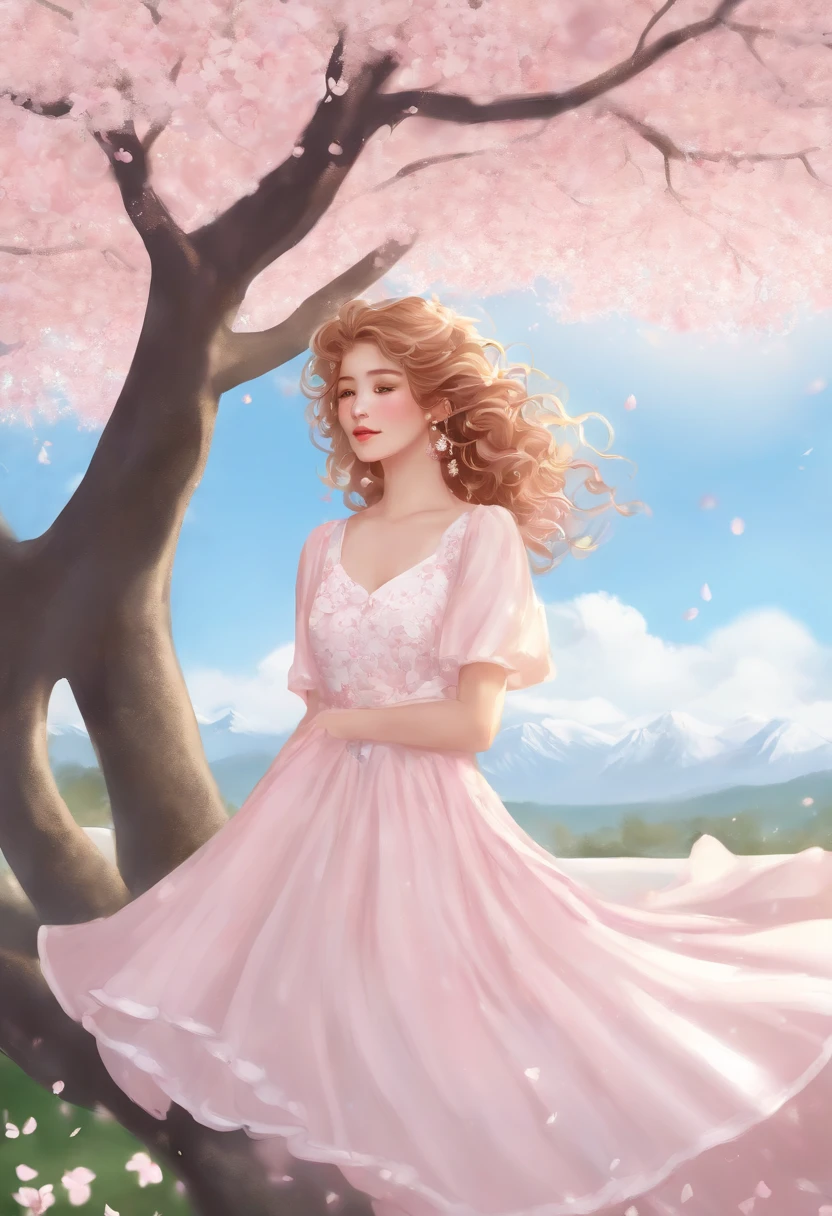 art by Cornflower, Dreamy, cherry_blossoms, Falling_petals, petals, branch, Pink_flower, 1girll,20yr old, Blue_sky, Spring_(season), petals_On_Liquid, flower, hanami, dress, (golden curly hair:1.5),Wear a wreath,sky, Outdoors, Cloud, bangs, Smile, Pink_Eyes, white skirts,Cherry blossom decoration, Bare_bshoulders, Earrings, Holding_flower, Wind, tree, Looking_at_peeping at the viewer,Cowboy shot,