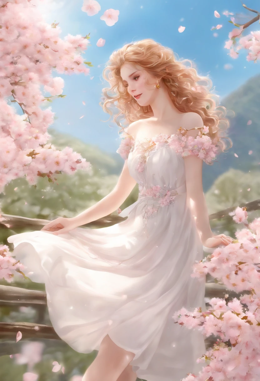 art by Cornflower, Dreamy, cherry_blossoms, Falling_petals, petals, branch, Pink_flower, 1girll,20yr old, Blue_sky, Spring_(season), petals_On_Liquid, flower, hanami, dress, (golden curly hair:1.5),Wear a wreath,sky, Outdoors, Cloud, bangs, Smile, Pink_Eyes, white skirts,Cherry blossom decoration, Bare_bshoulders, Earrings, Holding_flower, Wind, tree, Looking_at_peeping at the viewer,Cowboy shot,