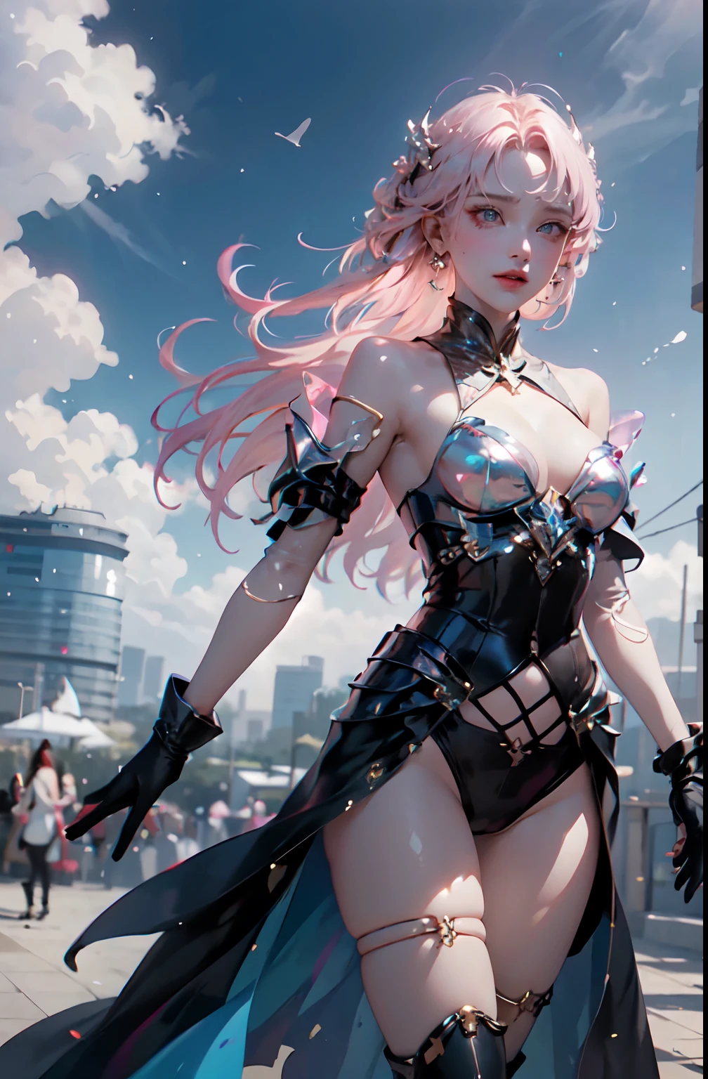 Complicated details，A high resolution，Kizi，In pink_Hair， Sexy_Lips, Shoulder_length_Hair, _Breasts,Beautiful face, Beautiful eyes，（Translucent body，Reflex the skin），makina，buliding，scientific fiction，Realistis，城市，Skysky，​​clouds，20yr old，The surface of the machine is smooth，Full body powder