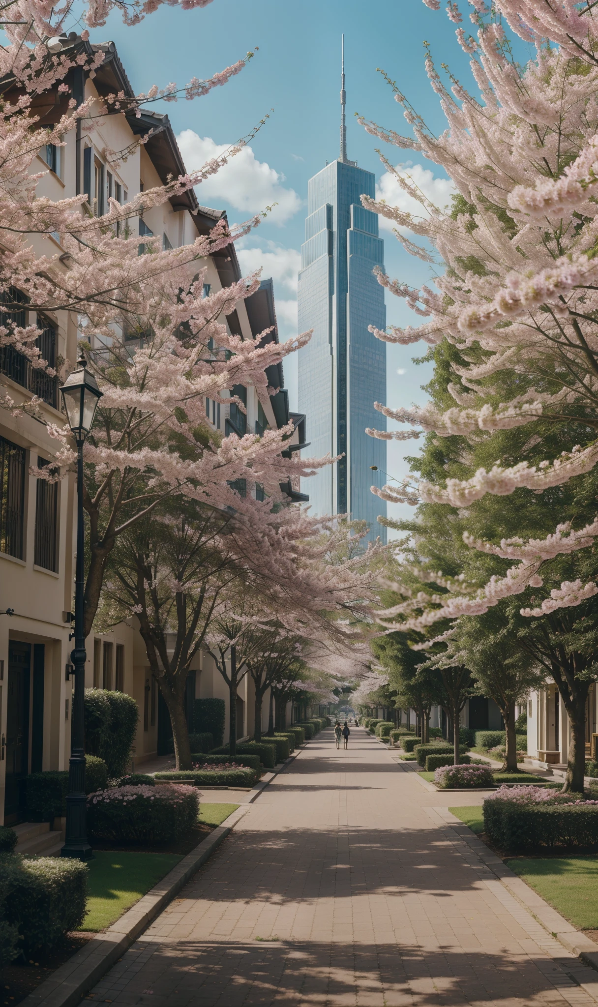 (best quality,4k,highres),drone shot,detailed cityscape,small financial center,impressive architecture,radiant day,skyscrapers,modern design,mirrored buildings,vibrant colors,mesmerizing skyline,(low density neighborhood in the background,hyperealistic photography:1.2,hyper maximalist:1.1, hyper realistic:1.1, realistic:1.1, ultra realistic:1.1, epic wallpaper, 8k),vibrant colors,soft sunlight streaming through the trees,meticulously designed houses with unique architectural details,impeccably landscaped gardens showcasing colorful flowers and lush greenery,neatly paved streets lined with tall and elegant lamp posts and blooming cherry blossom trees,tranquil atmosphere with residents leisurely strolling around enjoying the peaceful surroundings.
