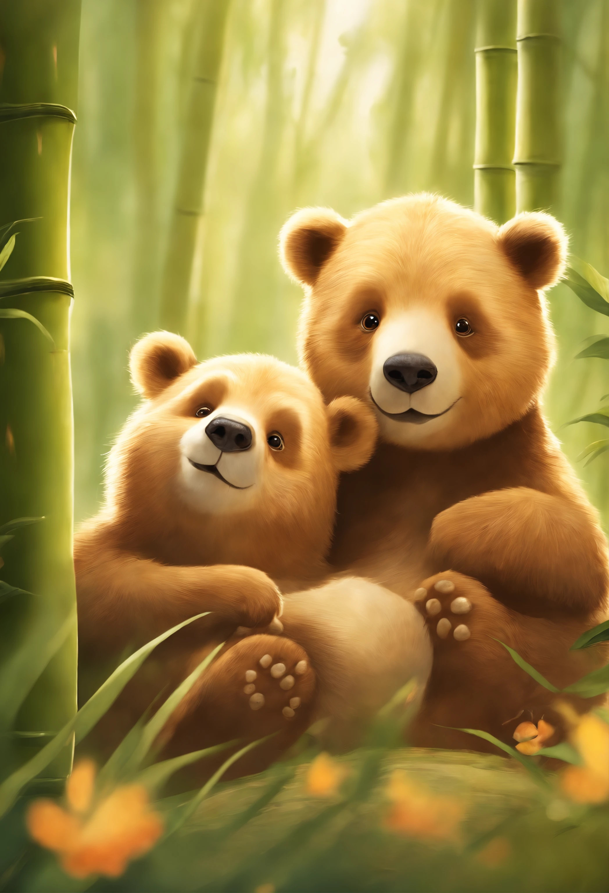 Dos adorables osos esponjoso、Playfully roll together in a sunny bamboo forest clearing, Warm lighting filtering through the leaves,. Texturizado detallado del pelaje, Ambiente natural tranquilo, soft illuminaotion. Estilo de acuarela tradicional. ●AR4:5 - s 400 - 虹5