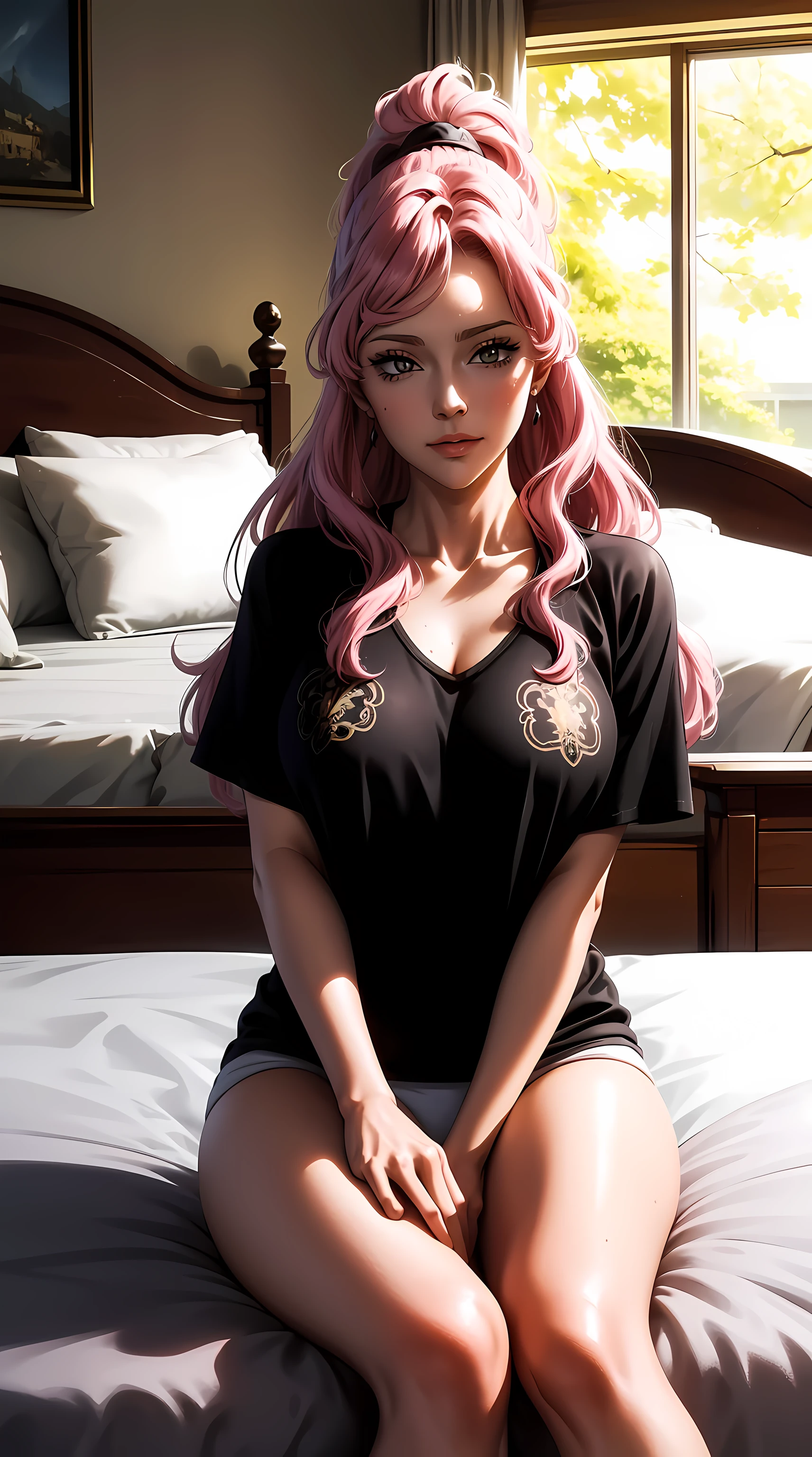 anessa from black clover anime, long hair, pink hair, ponytail, beautiful, beautiful woman, perfect body, perfect breasts, wearing a big white t-shirt, black panties, in bed, bedroom, bed, sitting on the bed sleeping , looking at the viewer, slightly smiling, realism, masterpiece, textured skin, super detail, high detail, high quality, best quality, 1080p, 16k