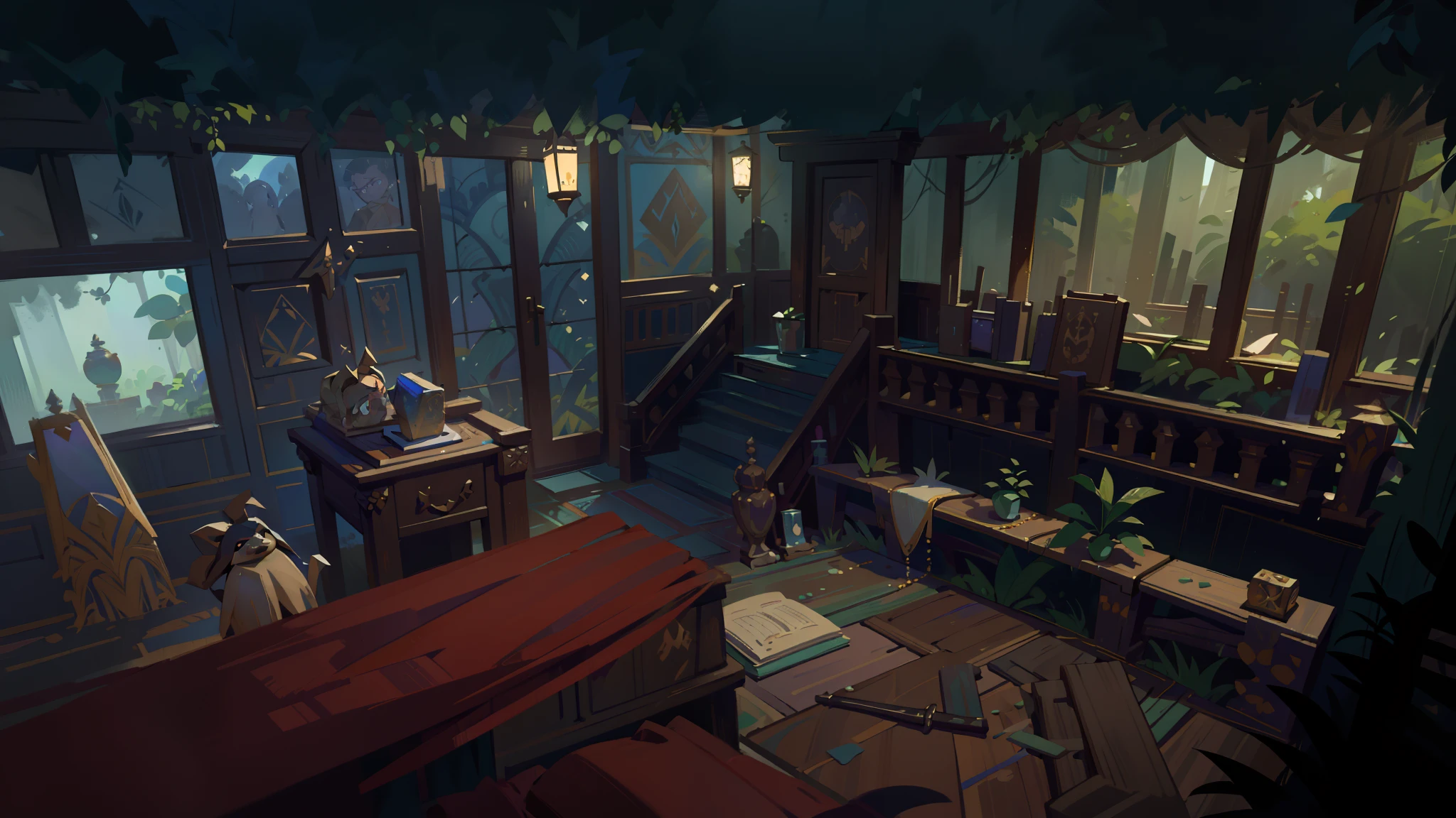 (best quality,4k,8k,highres,masterpiece:1.2),ultra-detailed,(realistic,photorealistic,photo-realistic:1.37),portraits,landscape,concept artists,blue and green color tones,soft lighting,hunters headquarters,illustration,oil painting,realistic details,sharp focus,mysterious atmosphere,forest,weaponry,armor,hidden passages,secret treasure,ancient artifacts,rich textures,exquisite craftsmanship,detailed interior design,large wooden doors,golden decorations,ornate chandeliers,stained glass windows,dark and dimly lit corridors,decorative stone walls,mystical symbols,enigmatic portraits,humanoid statues,glowing crystals,vibrant foliage,ancient trees,full moon in the night sky,moonlight casting eerie shadows,lush vegetation,stealthy figures,steely gazes,stoic expressions,ominous energy,whispered rumors and secrets,adventure awaits.