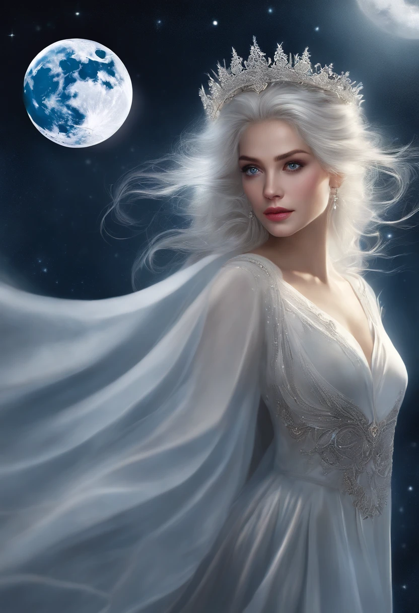 Masterpiece, (Best quality: 1.2), (Super fine: 1.2), illustration, (Extremely delicate and beautiful: 1.2), Film angle, Floating, (beatiful detailed eyes: 1.1), (Detail light: 1.1), film lights, Exquisite sky, woman, White hair, Blue eyes, (High ponytail: 1.1), Cloak, Glowing eyes, (Moon: 1.2), (Moonlight: 1.1), Starry sky, (Light particles: 1.1), Heavy fog , Snow painting, sketching, full bloom