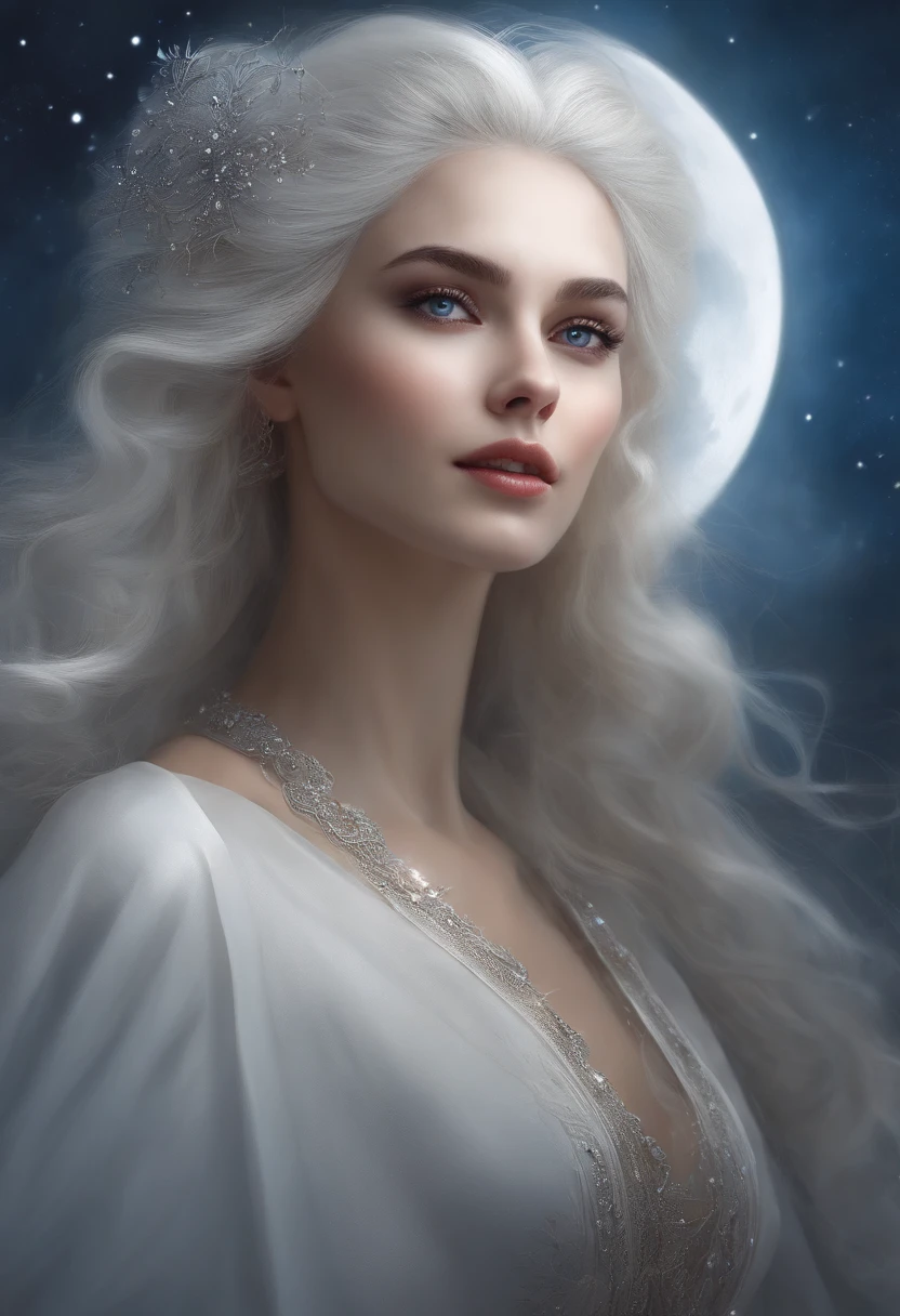 Masterpiece, (Best quality: 1.2), (Super fine: 1.2), illustration, (Extremely delicate and beautiful: 1.2), Film angle, Floating, (beatiful detailed eyes: 1.1), (Detail light: 1.1), film lights, Exquisite sky, woman, White hair, Blue eyes, (High ponytail: 1.1), Cloak, Glowing eyes, (Moon: 1.2), (Moonlight: 1.1), Starry sky, (Light particles: 1.1), Heavy fog , Snow painting, sketching, full bloom