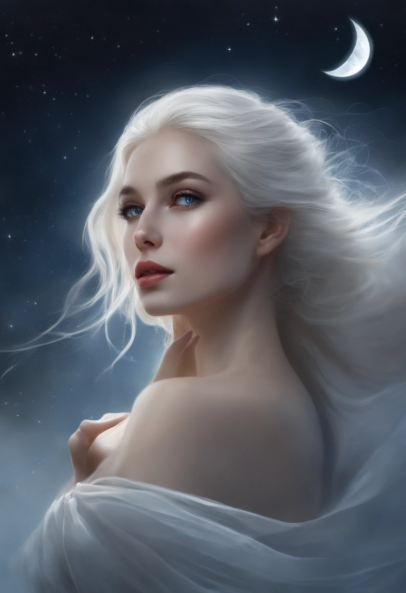 Masterpiece, (Best quality: 1.2), (Super fine: 1.2), illustration, (Extremely delicate and beautiful: 1.2), Film angle, Floating, (beatiful detailed eyes: 1.1), (Detail light: 1.1), film lights, Exquisite sky, woman, White hair, Blue eyes, (High ponytail: 1.1), Cloak, Glowing eyes, (Moon: 1.2), (Moonlight: 1.1), Starry sky, (Light particles: 1.1), Heavy fog , Snow painting, sketching, full bloom