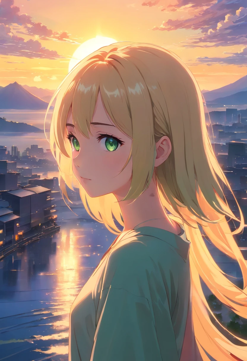 anime portrait age girl, green eyes, flowing blonde hair, gazing into the mesmerizing sunset, surrounded by wisps of clouds in the vibrant and dramatic cloudy skies. The colors are vivid and captivating, with precise details bringing every element to life. The artistry is elaborate, showcasing intricate brush strokes and meticulous attention to detail in every aspect of the artwork. The image is of the highest quality, boasting an 8k resolution and UHD rendering, allowing for ultra-detailed and lifelike visuals. The overall composition creates a sense of tranquility and awe, as the girl's gaze captures the ethereal beauty of the setting sun.