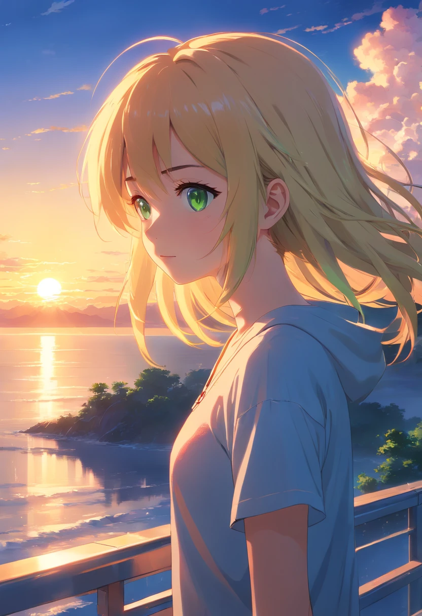 anime portrait age girl, green eyes, flowing blonde hair, gazing into the mesmerizing sunset, surrounded by wisps of clouds in the vibrant and dramatic cloudy skies. The colors are vivid and captivating, with precise details bringing every element to life. The artistry is elaborate, showcasing intricate brush strokes and meticulous attention to detail in every aspect of the artwork. The image is of the highest quality, boasting an 8k resolution and UHD rendering, allowing for ultra-detailed and lifelike visuals. The overall composition creates a sense of tranquility and awe, as the girl's gaze captures the ethereal beauty of the setting sun.