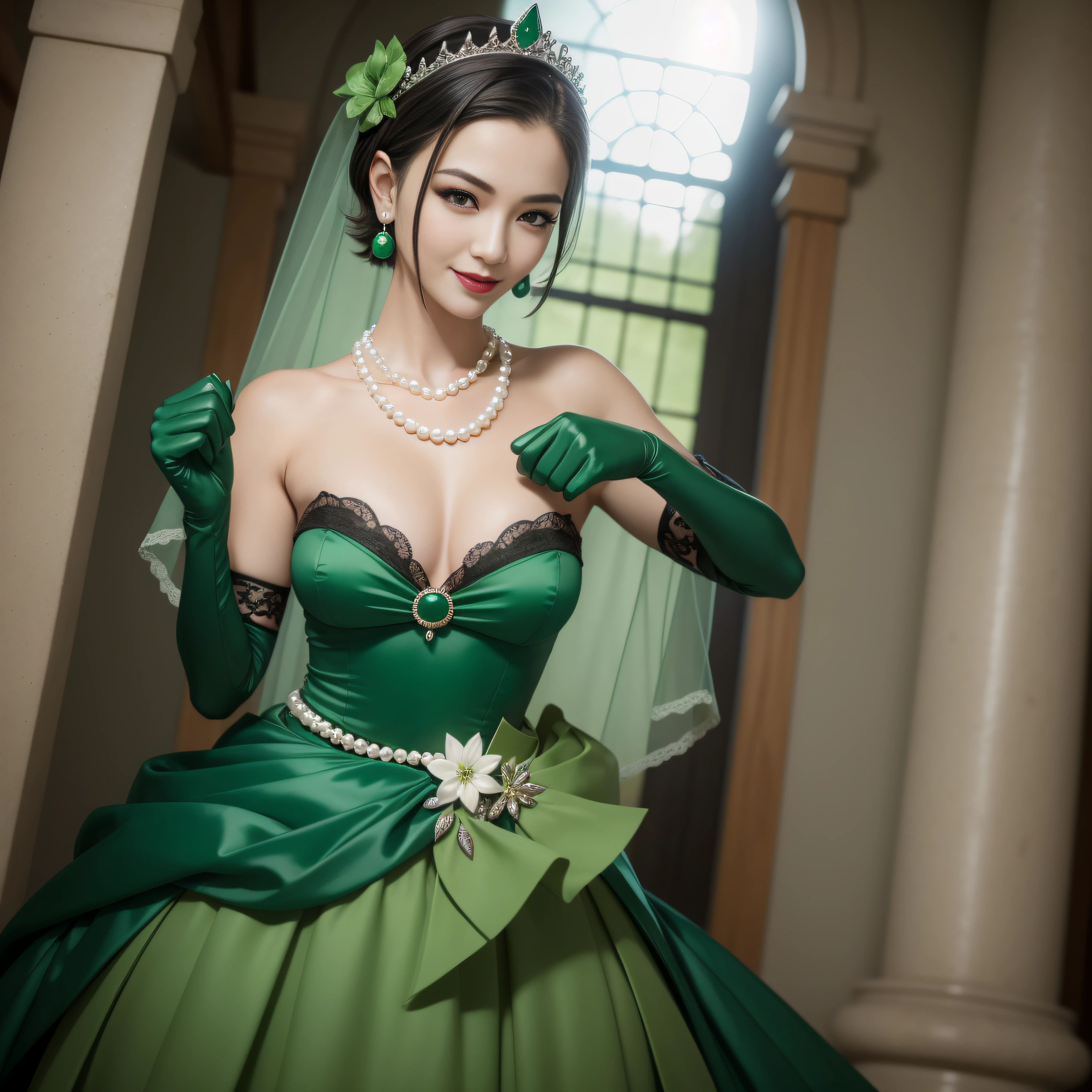 boyish very short hair, lipsticks, Japan woman smiling, Long green gloves made of satin material, emerald tiara, Pearl Necklace, verd s eyes