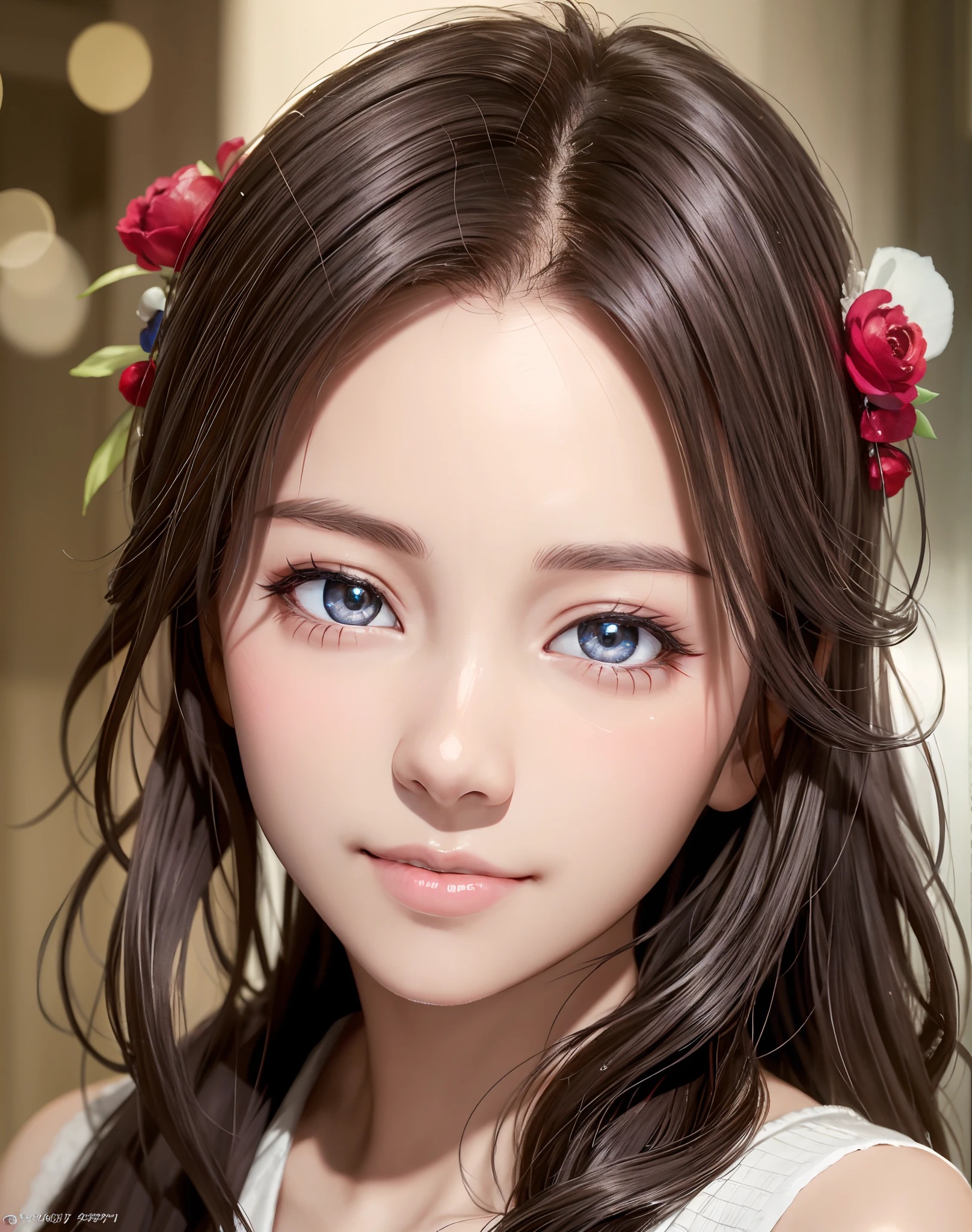 (8K, of the highest quality, masutepiece), (A hyper-realistic, Photorealsitic), top-quality、 smooth and beautiful, incredible detailing, Beautiful eyes, of the highest quality, Official art,detaileds, hight resolution, Super beauty, extremely detailed eye and face, Shy、A slight smil