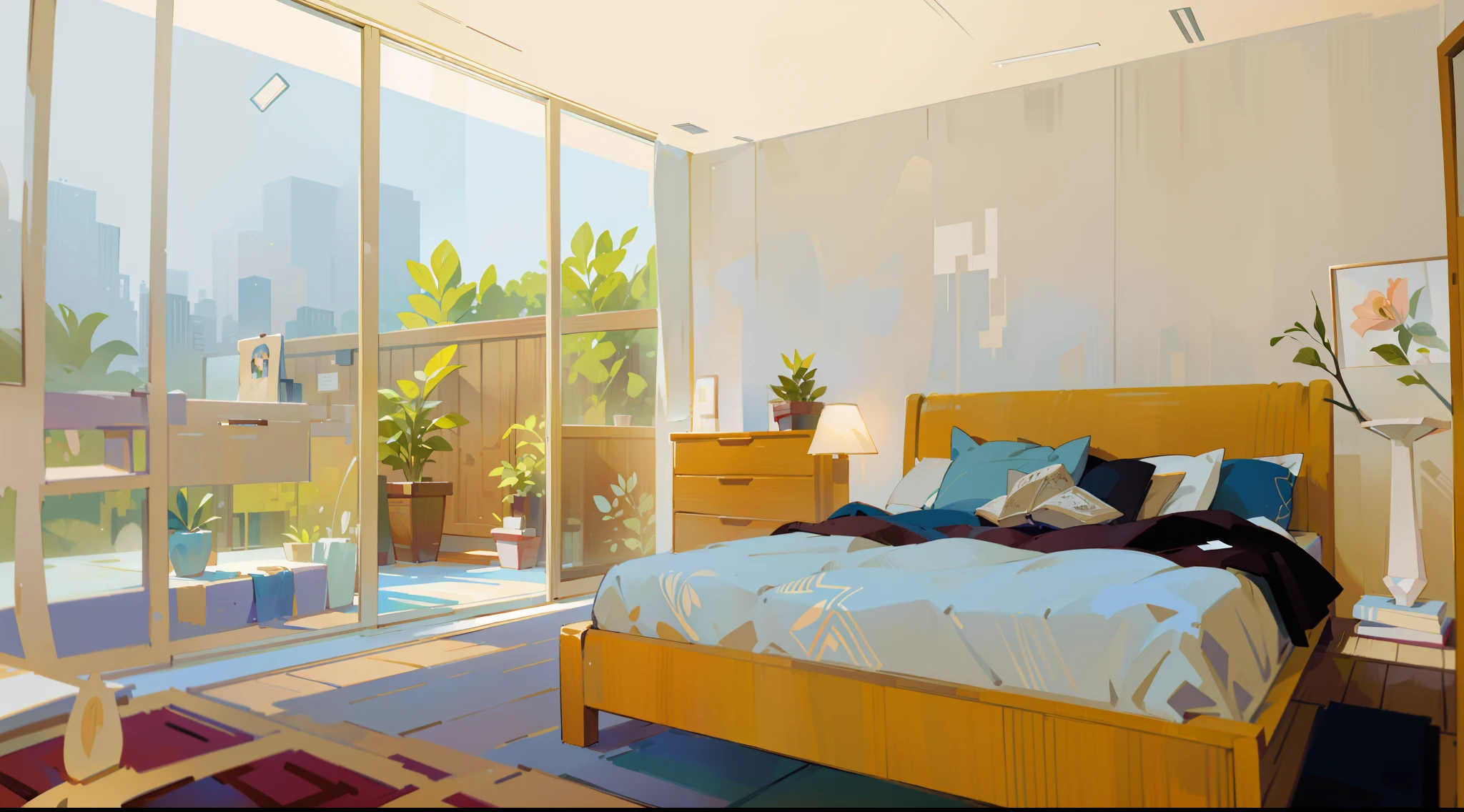 (highest quality,4k,highres,ultra-detailed,masterpiece:1.2),(realistic,photorealistic:1.37),indoor,bedroom,cozy,modern,furnished,spacious,bright sunlight,soft lighting,comfortable bed,fluffy pillows,plush carpet,stylish furniture,ornate decorations,vibrant colors,harmonious color palette,relaxing atmosphere,serene mood,sunshine streaming through the window,airy curtains,glass walls,floor-to-ceiling windows,well-designed layout,minimalistic design,elegant aesthetics,neat and tidy,uncluttered,scenic view,stylish artwork on the walls,luxurious details,premium materials,sleek surfaces,gleaming wooden flooring,delicate craftsmanship,warm and inviting,well-organized closet,large mirror,cosy reading nook,beautiful indoor plants,refreshing greenery,natural elements,peaceful ambience,interior design inspiration,serenity at home