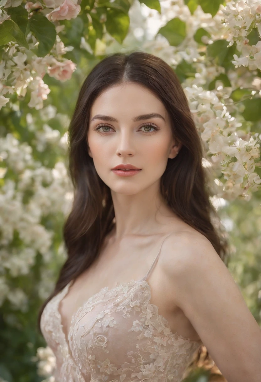 (best quality,4k,8k,highres,masterpiece:1.2),ultra-detailed,(realistic,photorealistic,photo-realistic:1.37),portraits,pale-skinned woman,black hair, long hair, straight hair, beautiful detailed green eyes,medium breasts with a revealing neckline,thin face.
**Additional details**: The woman is standing in a lush garden surrounded by vibrant flowers and tall trees. She is wearing a flowing dress with delicate floral patterns, emphasizing her feminine beauty. The garden is bathed in warm sunlight, casting a soft glow on her pale skin. The woman has a gentle smile on her lips, exuding a sense of serenity and elegance. Her long black hair cascades down her back, adding a touch of mystery to her appearance. The landscape behind her is filled with colorful blossoms, creating a visually stunning backdrop for the portrait. The attention to detail in the painting is extraordinary, capturing every strand of hair and subtle expression on her face. The colors are vivid and vibrant, bringing the artwork to life. The lighting in the scene enhances the overall ambiance, creating a captivating atmosphere.
**Color palette**: Soft pastel colors dominate the image, with shades of pink, purple, and green. The woman's dress and the surrounding flowers are filled with vibrant hues, contrasting beautifully against her pale skin and black hair. The overall color scheme evokes a sense of tranquility and femininity.
**Lighting**: Soft, natural light filters through the leaves of the trees, casting gentle shadows on the woman's face. The warm sunlight highlights her features, accentuating the beauty of her green eyes and delicate facial structure. The lighting brings a sense of warmth and serenity to the painting, adding depth and dimension to the overall composition.