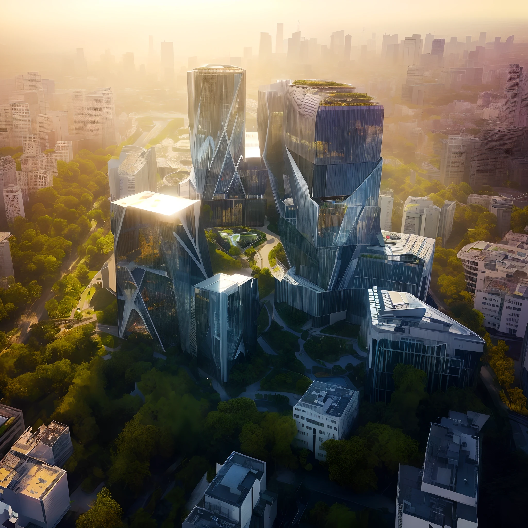 Arafficial skyscrapers in a city with a green park in the foreground, Directed by: Zha Shibiao, inspirado em Zha Shibiao, zaha hadid octane altamente render, Nova Deli futurista bonita, Daniel Libeskind, Futurista Phnom-Penh Camboja, no estilo de zaha hadid arquiteto, futuristic buildings