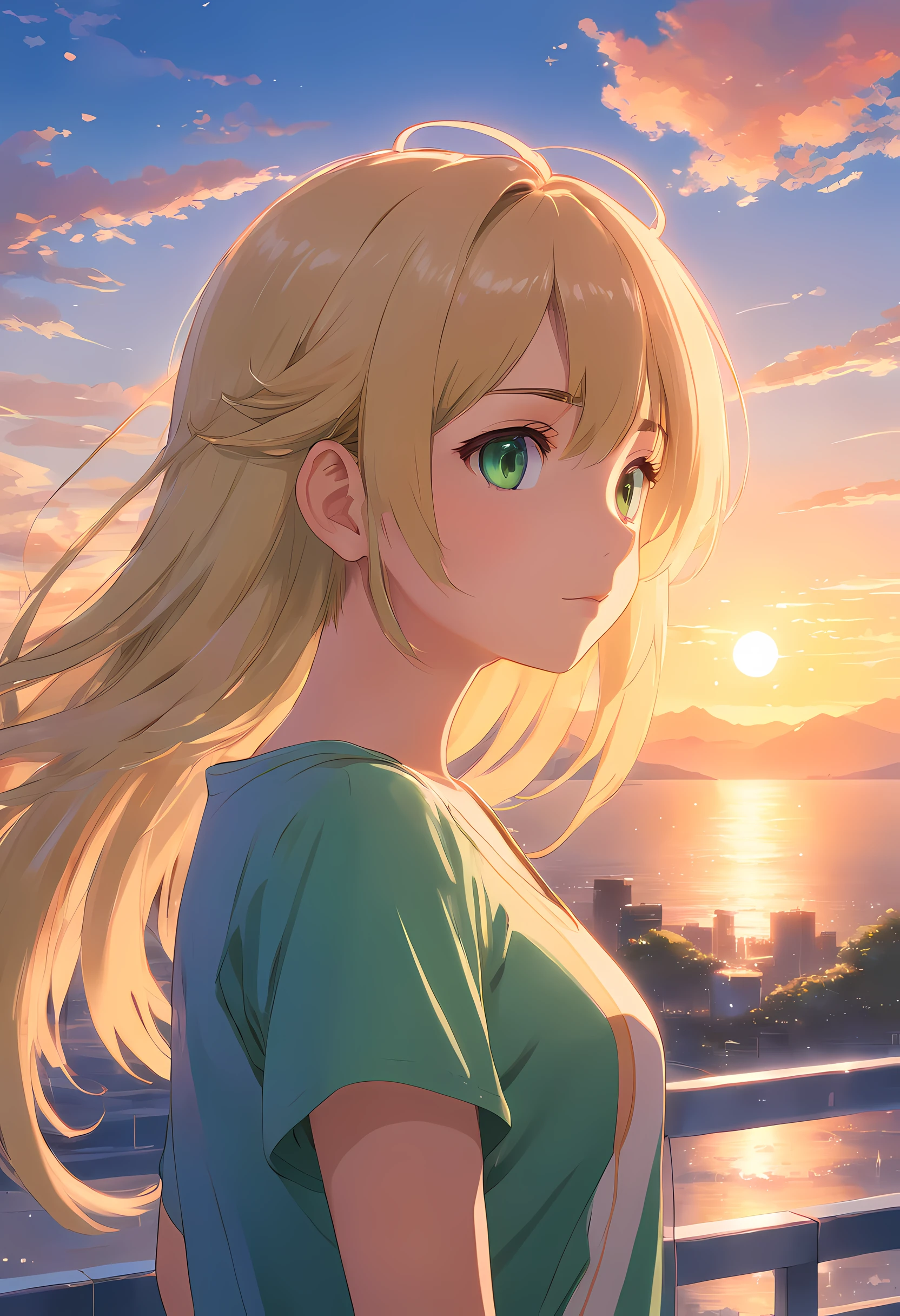 anime portrait teenage girl, green eyes, flowing blonde hair, gazing into the mesmerizing sunset, surrounded by wisps of clouds in the vibrant and dramatic cloudy skies. The colors are vivid and captivating, with precise details bringing every element to life. The artistry is elaborate, showcasing intricate brush strokes and meticulous attention to detail in every aspect of the artwork. The image is of the highest quality, boasting an 8k resolution and UHD rendering, allowing for ultra-detailed and lifelike visuals. The overall composition creates a sense of tranquility and awe, as the girl's gaze captures the ethereal beauty of the setting sun.