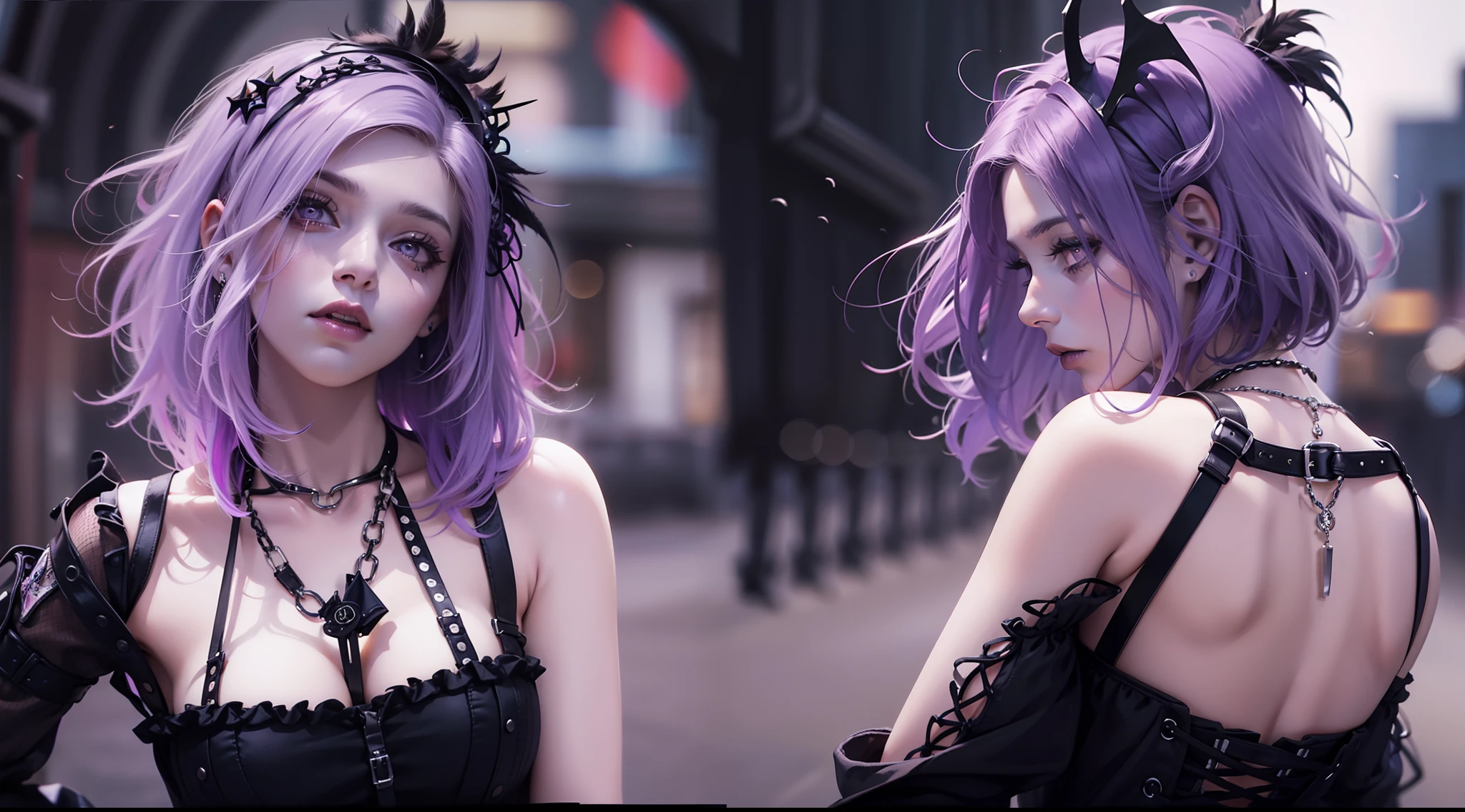 Arafins woman with purple hair and black dress poses for photo, in a halloween style, profile image, Very high quality images, 1 7 - year - old goth girl, gothgirl, 1 8 I, 18 years old, 1 7 - year - old anime goth girl, 1 6 years old, With ghostly eyes and crazy hair, goth style,has black large feathers on the back,