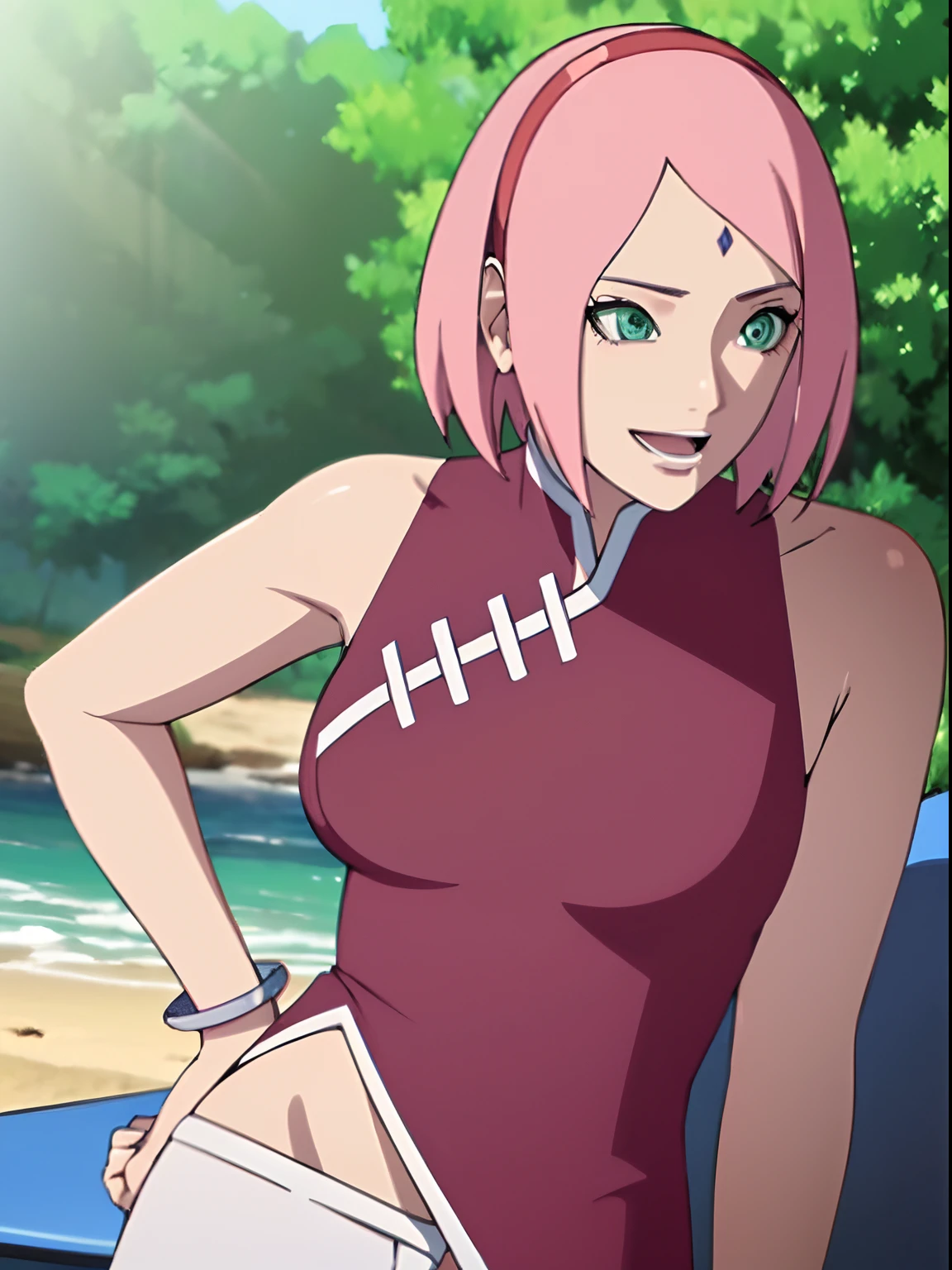 masterpiece, 4k, portrait, cowboy shot, (PLAYGROUND BACKGROUND), professional artwork, intricate details, colorful, digital blending, (ultra detailed body, ultra detail hair, ultra detail face), trending on pixiv, kind smile, best quality, anime style: 1.9, 1girl, hires, haruno sakura, (forehead mark, milf, red hairband, pale skin, (small breasts), short hair, ((red sleeveless dress), white pants), ((navel, belly button), slender body, slender belly, bracelet, pink hair, open mouth, big eyes), smile, beach, wind, floating hair, detailed arms, off-shoulders, broad shoulders, (((both) hands spreading to both sides)), fancy couch, relaxing, laying, talking, looking at the viewer))), (((taking off dress )))