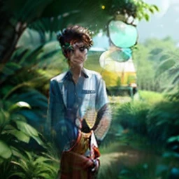 arafed man in sunglasses standing in a field of grass, amidst nature, in front of a forest background, jayison devadas, ayan nag, in jungle, jayison devadas style, inspired by Bikash Bhattacharjee, around 1 9 years old, assamese aesthetic, mohamed chahin style, * colour splash *, in garden, in sunny weather