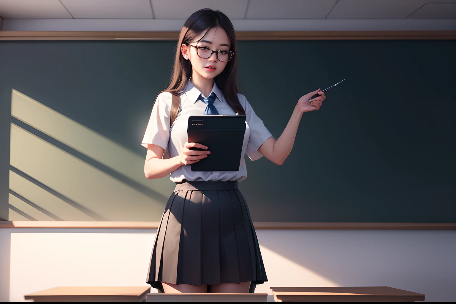 1. The teacher stands on the podium and gives a lecture to the students,Classroom,blackboards,Happy Teacher's Day,fresh flowers,cinmatic lighting,depth of fields, lens flare glow,8K, RAW photos, sportrait, best qualtiy, 超高分辨率, realisticlying,