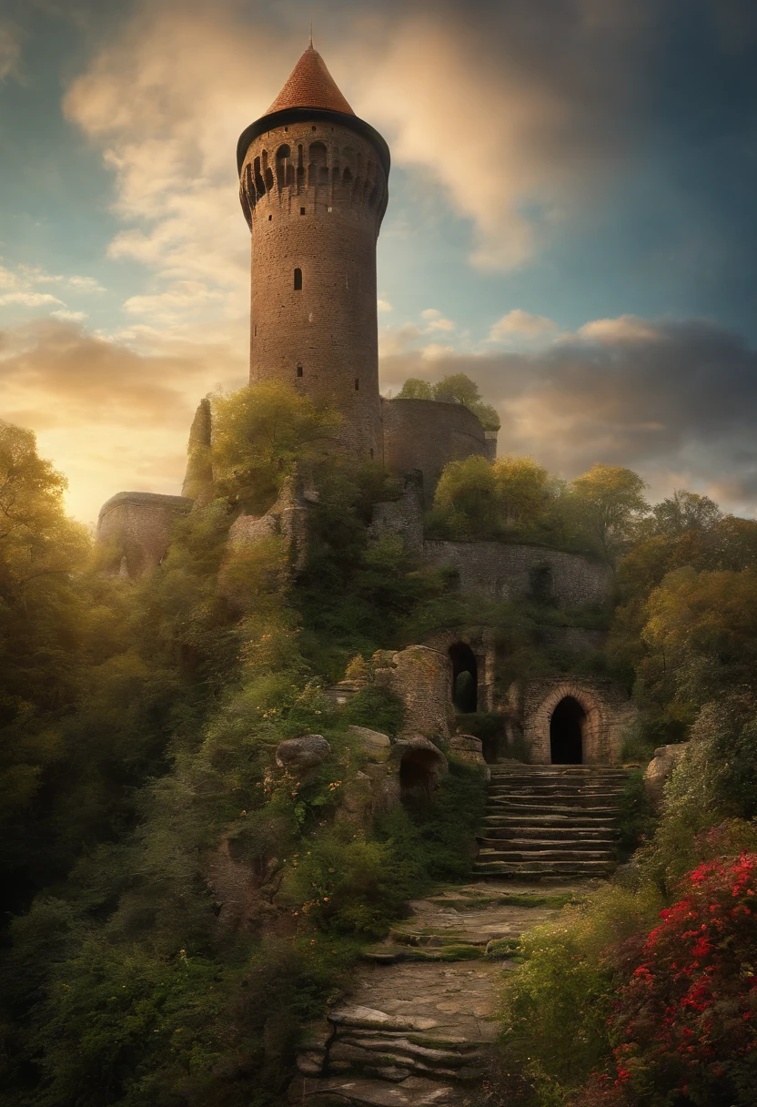 Stadt der Fantasie、Riesiger Turm im hinteren Teil des Zentrums、ruins、ein Bild