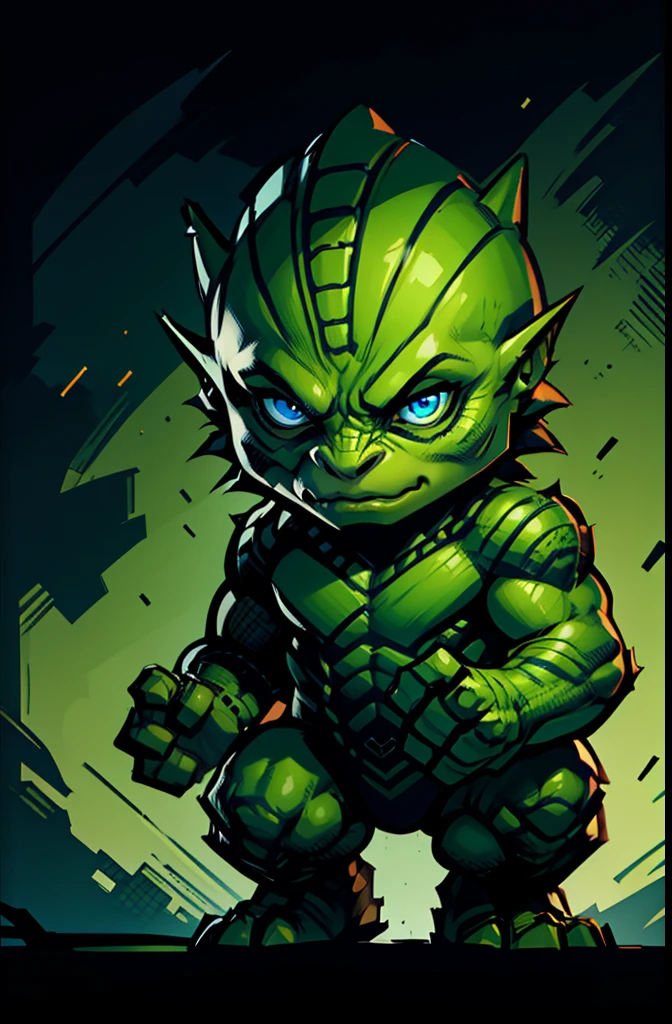 ung reptile, chibi, anthropomorphic, green skin, big blue eyes, simple dark background
