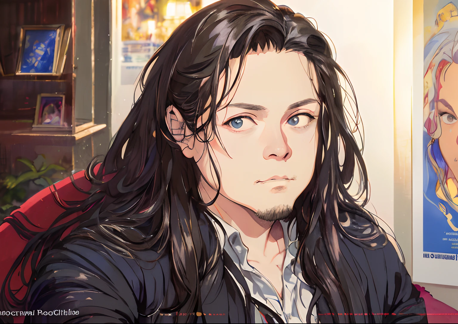 Surrealistic male portraits by David Hockney and Alphonse Mucha, fantasy art, photorealism, dynamic lighting, artstation, poster, volumetric lighting, very detailed faces, 4k, award-winning, 1girl, in the dark, deep shadows, understated, denim photos, (formal wear: 1.4), long hair, gray hair,