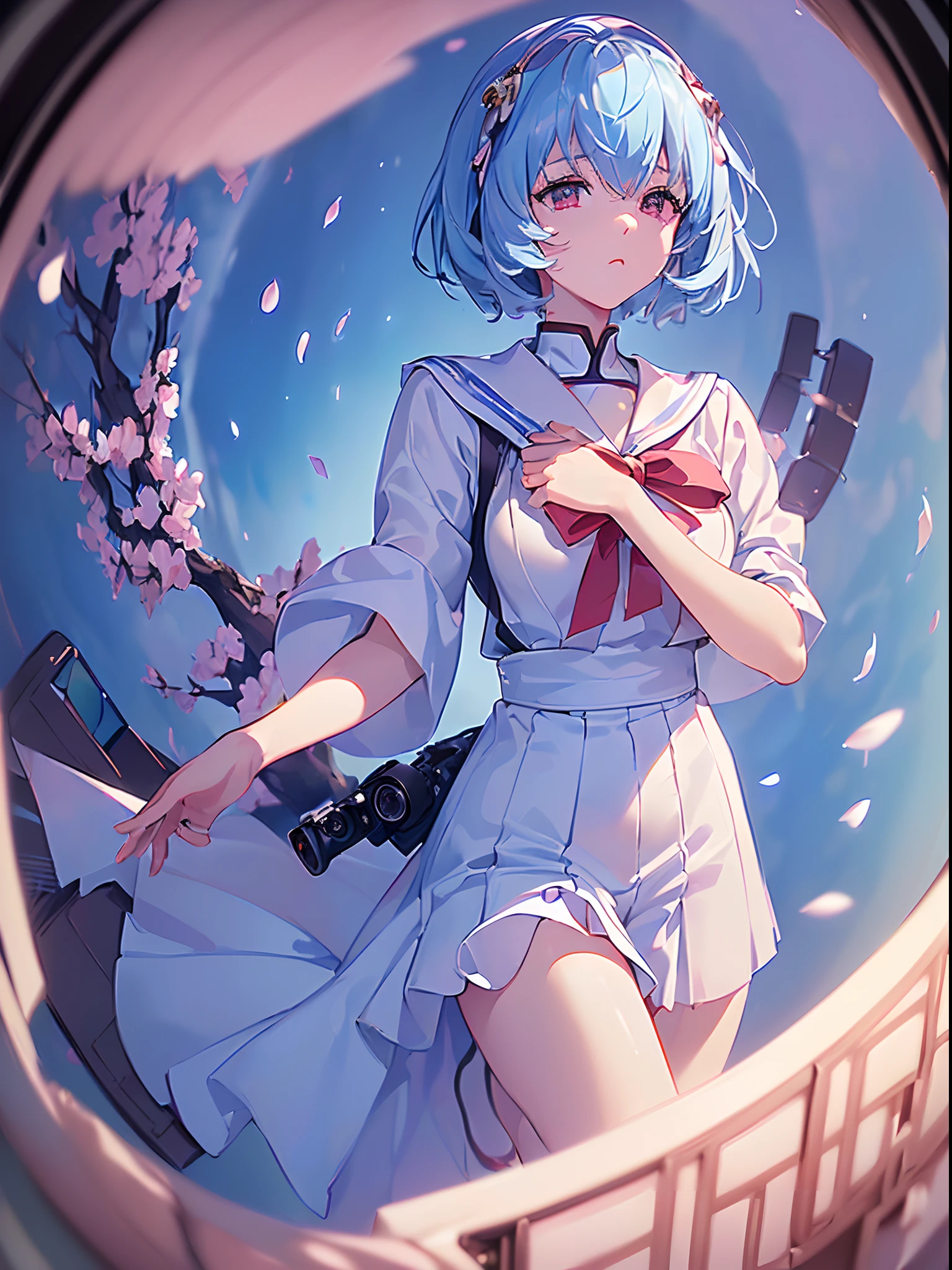 (((ayanami rei))),1girl,solo,(masterpiece,best quality, official art,aim to viewers, beautiful and aesthetic:1.2),(ultra high res,spiral, golden ratio, (4k), seen from above,space,floating,good lighting, (photon mapping, radiosity, physically-based rendering,automatic white balance), technological sense,Amazing,sharp focus,rich background, (((high detailed skin,)))dynamic lighting,intricate detailed outfit,glowing eyes,watery eyes,((short hair,))deadpan, skiny,  turtle neck, short skirt,ribbon,button shirt,(masterpiece sidelighting),(bishoujo,lustrous),(sky blue hair,pink eyes,）[[delicate fingers and hands:0.55]::0.85],(detail fingers),((((SLR camera lens reflected in the eyes,Ultra Photographic Quality,fisheye)))),((incredibly absurdres)),micro shot,(leaning_forward:1.2),((extremely_detailed_eyes_and_face)),Tokyo Dome,(disheveled hair),cherry_blossoms,petals,Flying notes,,at night,FilmGirl