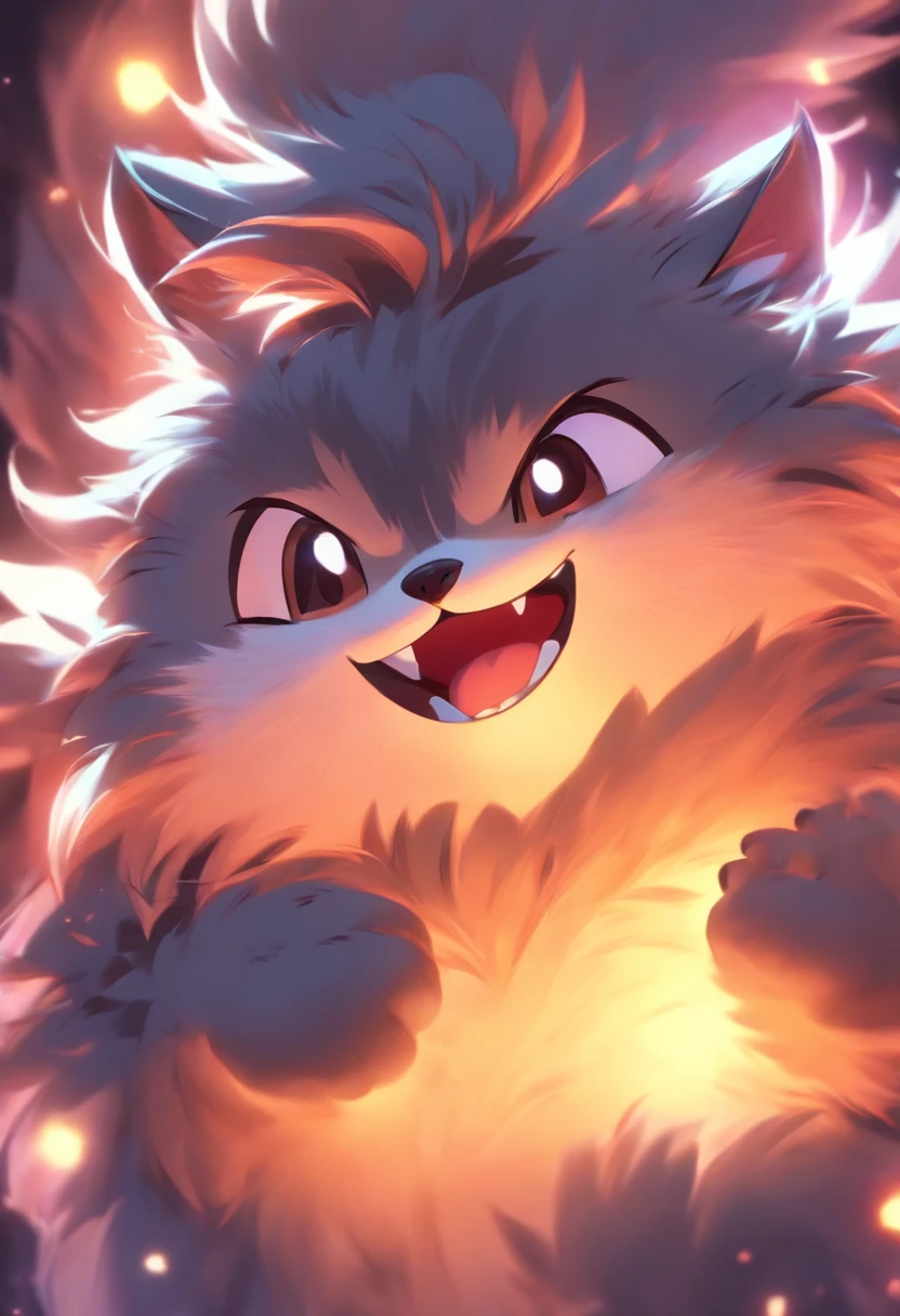 Fluffy cute furry, big fluffy tail, happy face, cute pose, dark grey fur, cute expression, warm lighting,