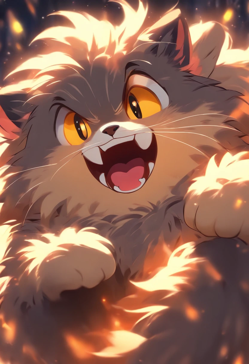 Fluffy cute furry, big fluffy tail, happy face, cute pose, dark grey fur, cute expression, warm lighting,