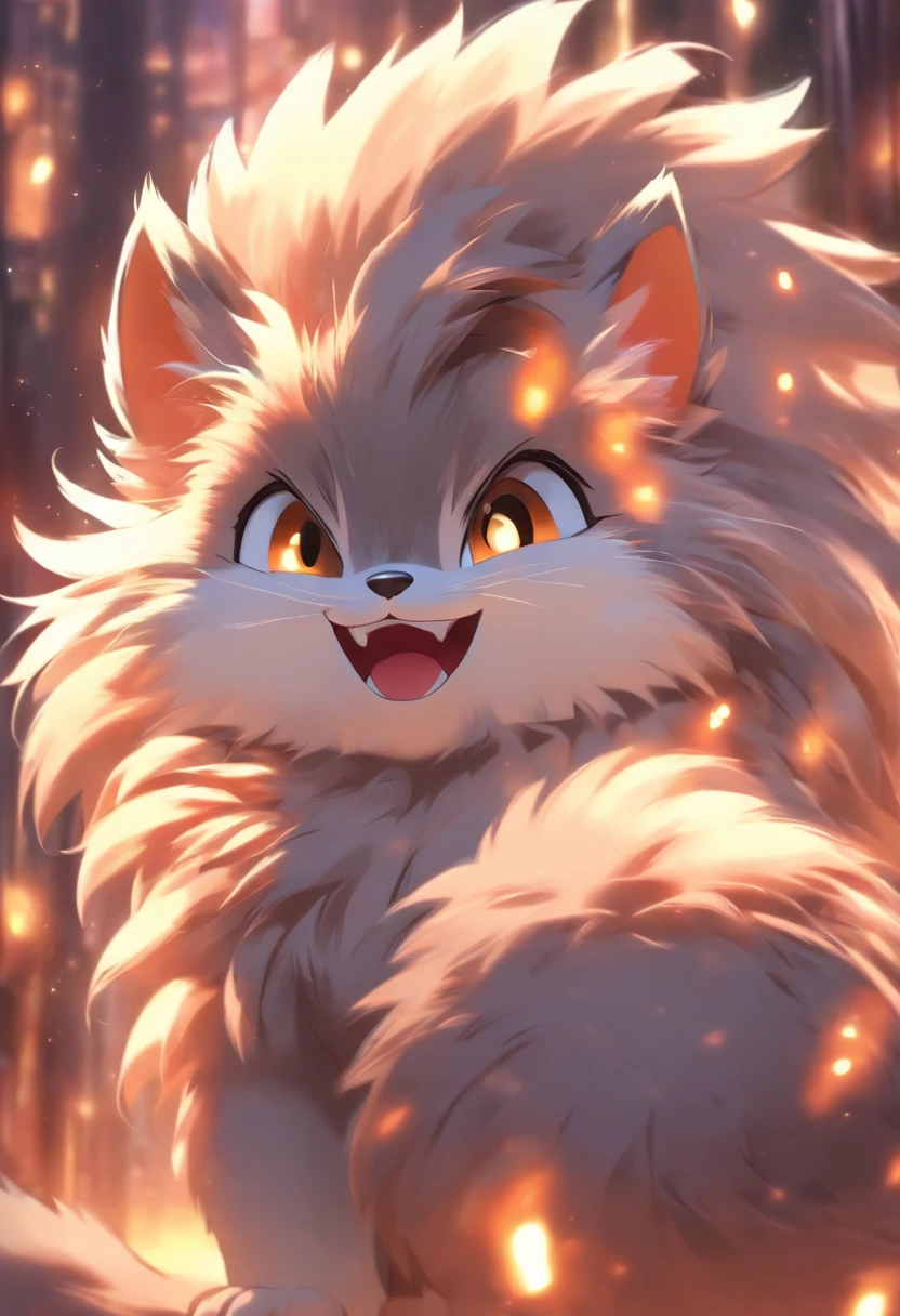 Fluffy cute furry, big fluffy tail, happy face, cute pose, dark grey fur, cute expression, warm lighting,