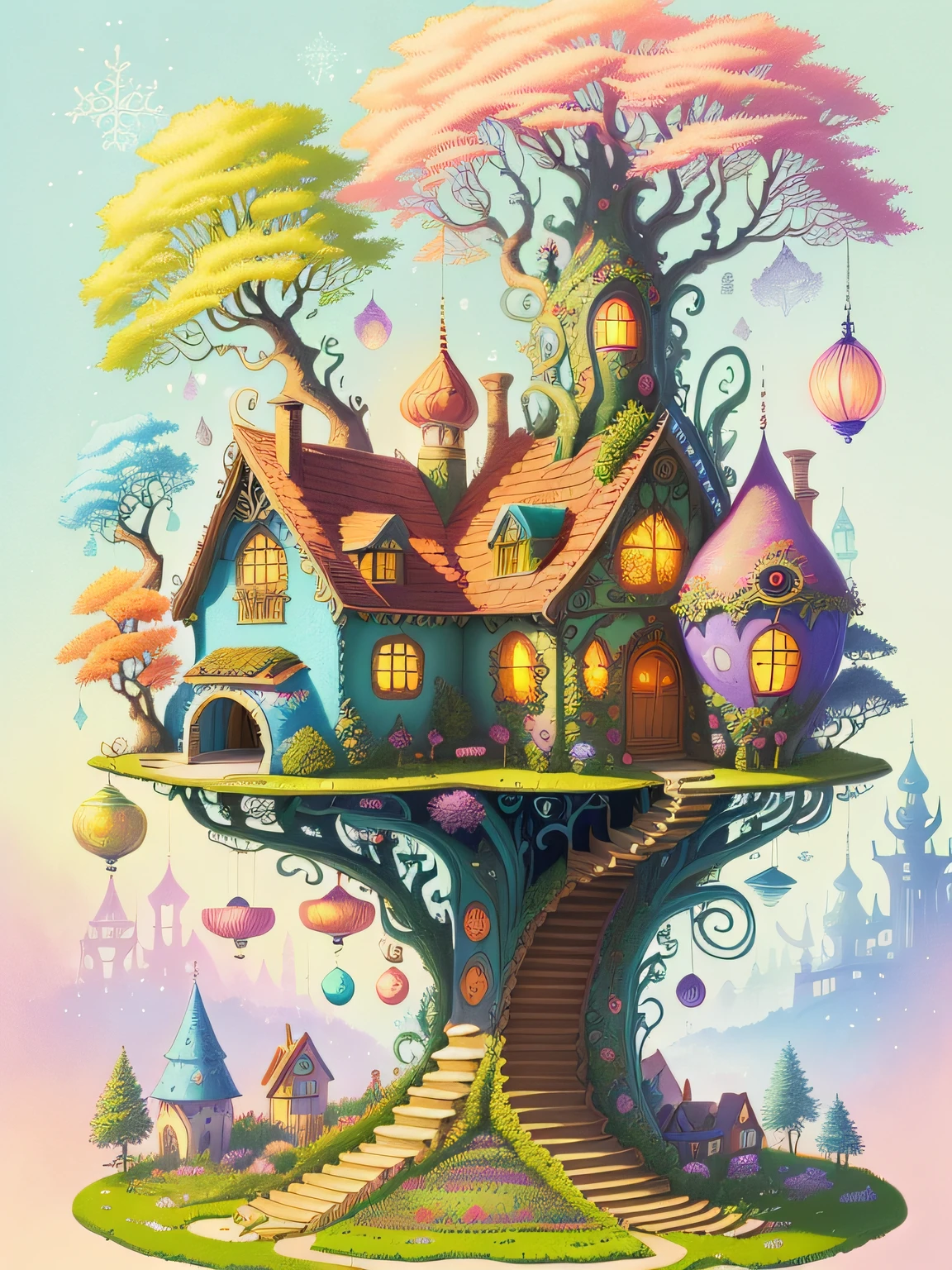 there is a drawing of a house with a cat in front of it, faery palace, colorfull illustration, fairy palace, whimsical forest, illustrated in whimsical style, colored illustration, fantasy house, elves house, colorful illustration, full color drawing, colorful kids book illustration, whimsical art, enchanted forest tower, full color illustration, published art, color page