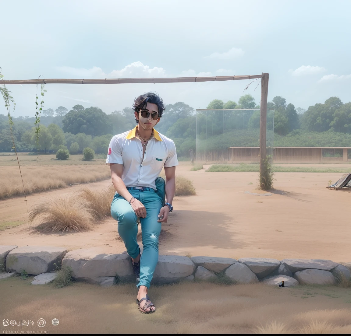 arafed man in sunglasses standing in a field of grass, amidst nature, in front of a forest background, jayison devadas, ayan nag, in jungle, jayison devadas style, inspired by Bikash Bhattacharjee, around 1 9 years old, assamese aesthetic, mohamed chahin style, * colour splash *, in garden, in sunny weather