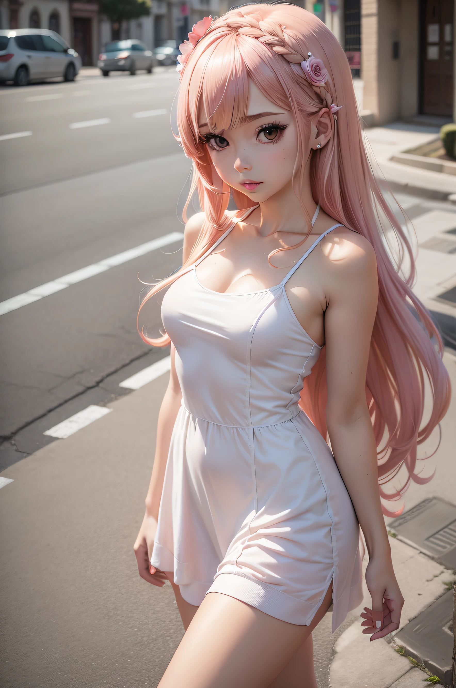 Chica de anime con un vestido rosa corto posando para una foto en una calle de la ciudad, Loli en vestido, seductora chica de anime, hermosa chica de anime, Anime CG arte suave, Atractiva chica de anime, Lindo anime waifu en un bonito vestido, Chica de anime en la vida real, Chica bonita de anime, Hermosa mujer anime, linda chica de anime, Chica anime, Chica rubia de anime con cabello largo